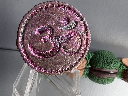 Pink Bismuth Crystal Om Coin Metal Art Sculpture