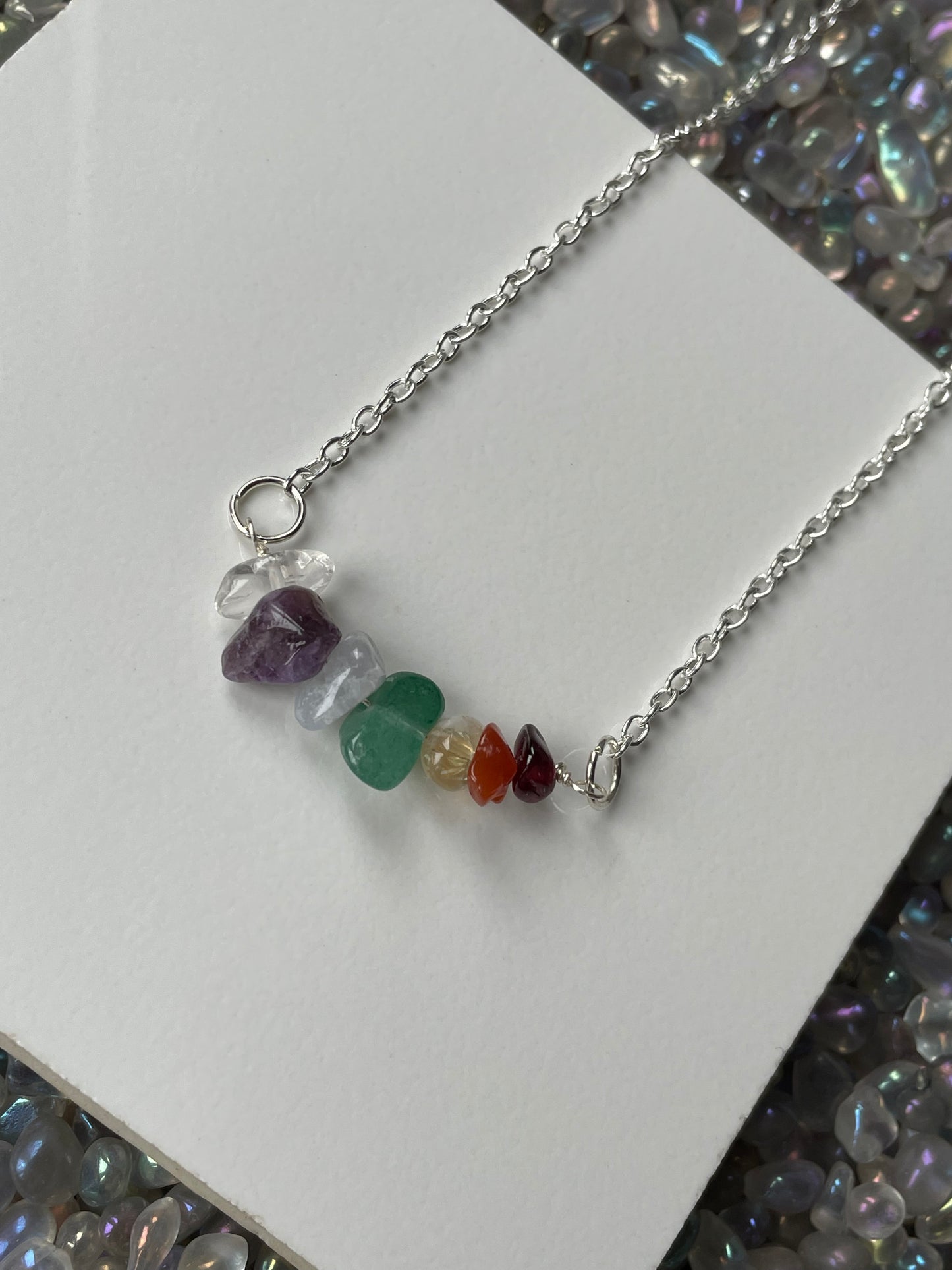 Chakra Bar Crystal Gemstone Chip Silver Necklace