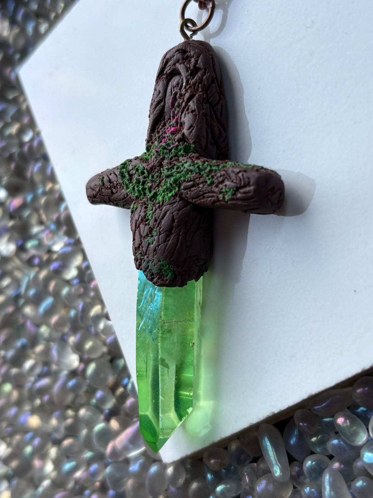 Green Aura Quartz Crystal Gemstone Enchanted Forest Sword Necklace