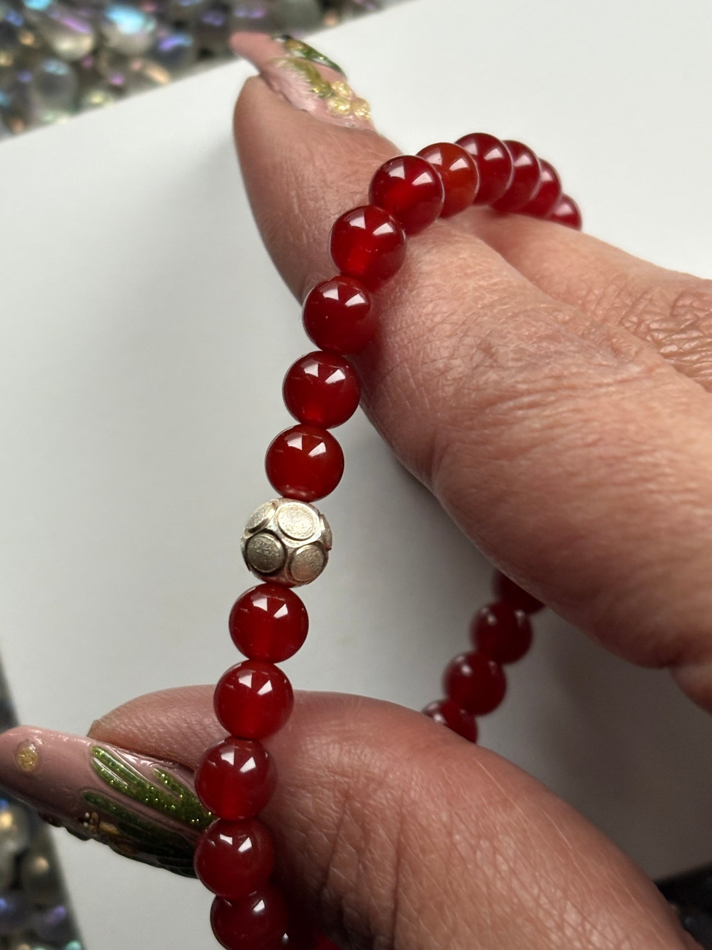 Red Quartz Crystal Gemstone Stretch Bracelet Sterling Silver