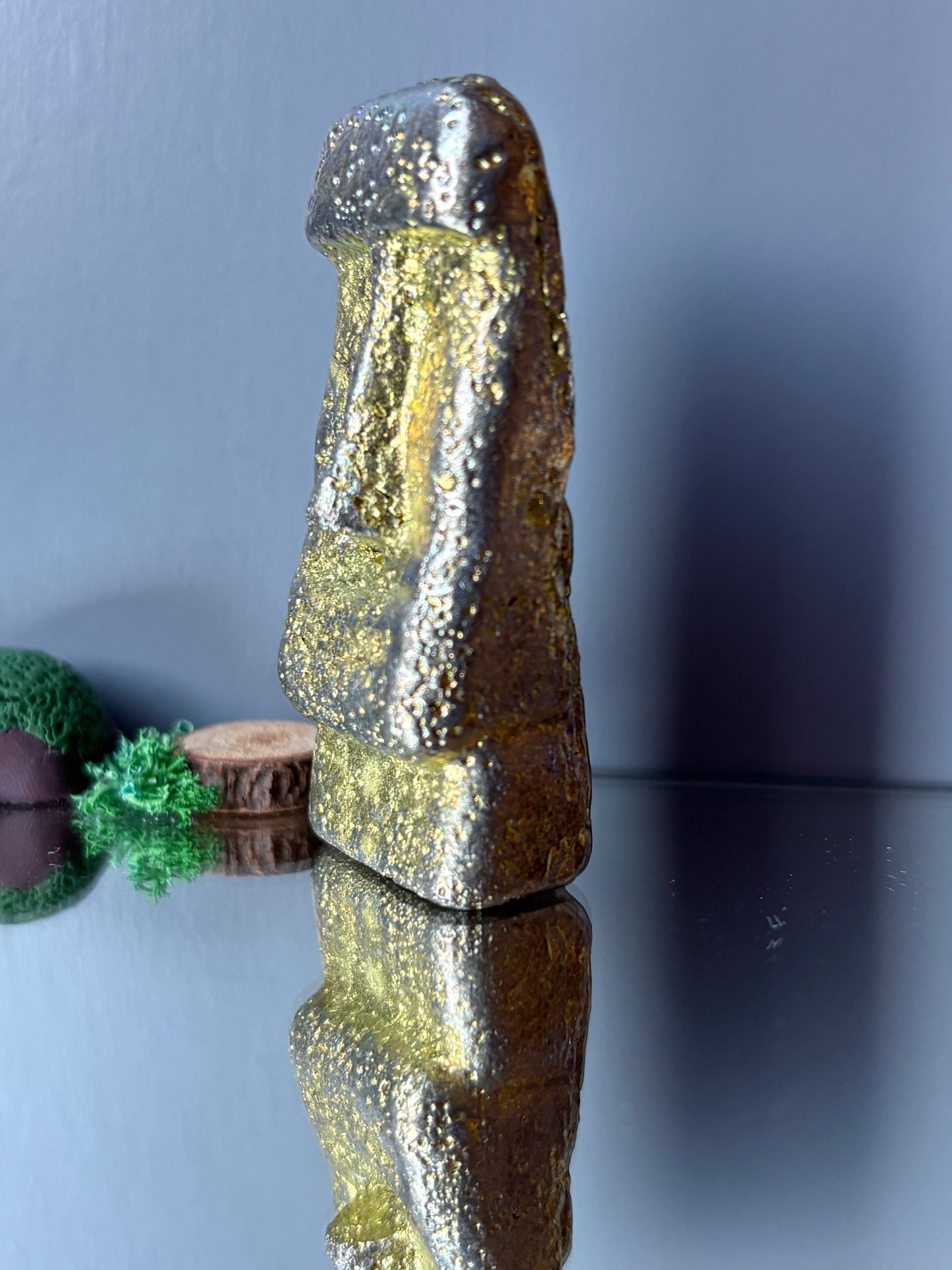 Gold Bismuth Crystal Moai Head Easter Island Metal Art Sculpture