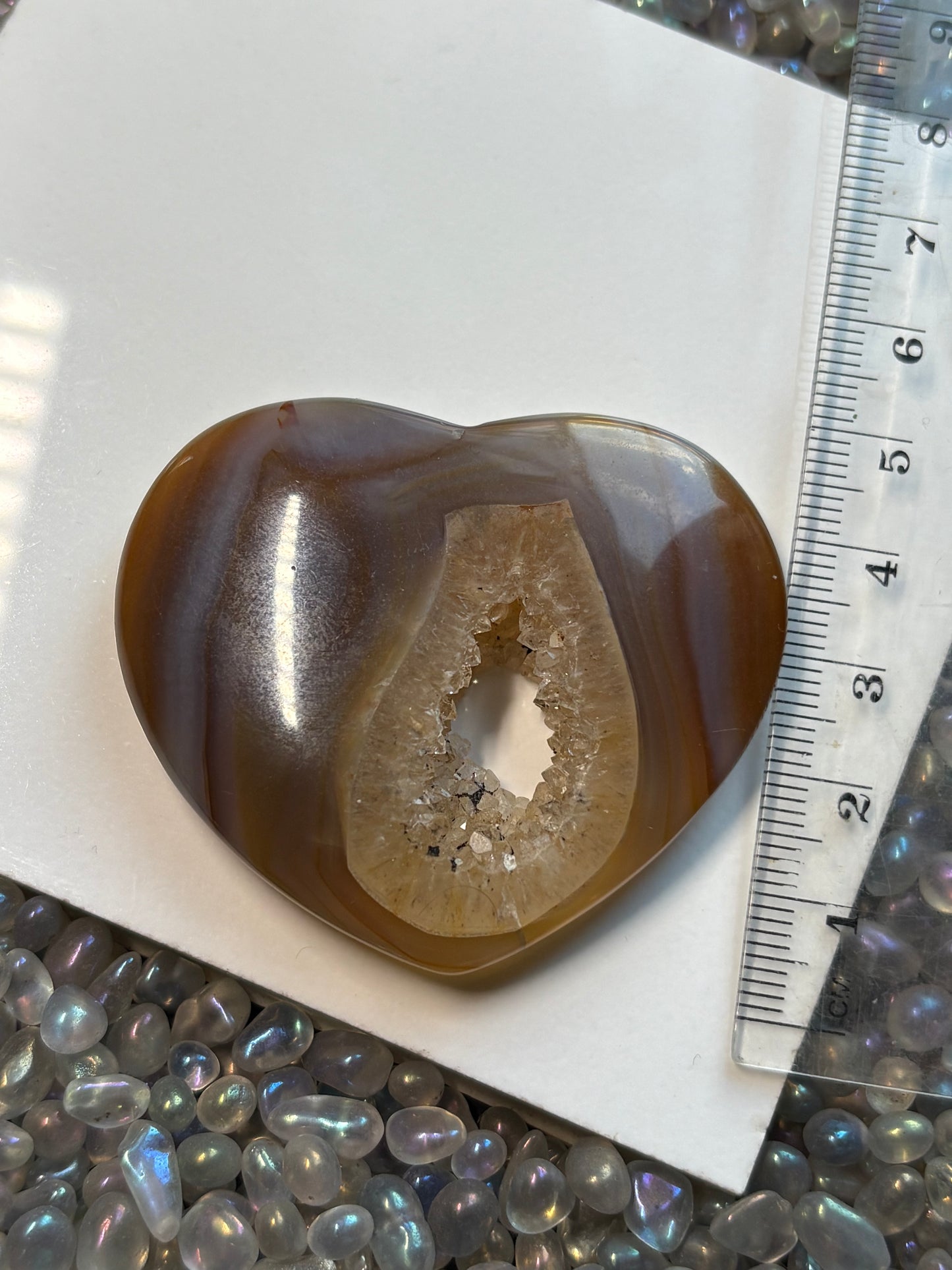 Beige Brown Druzy Agate Crystal Heart Carving - Small