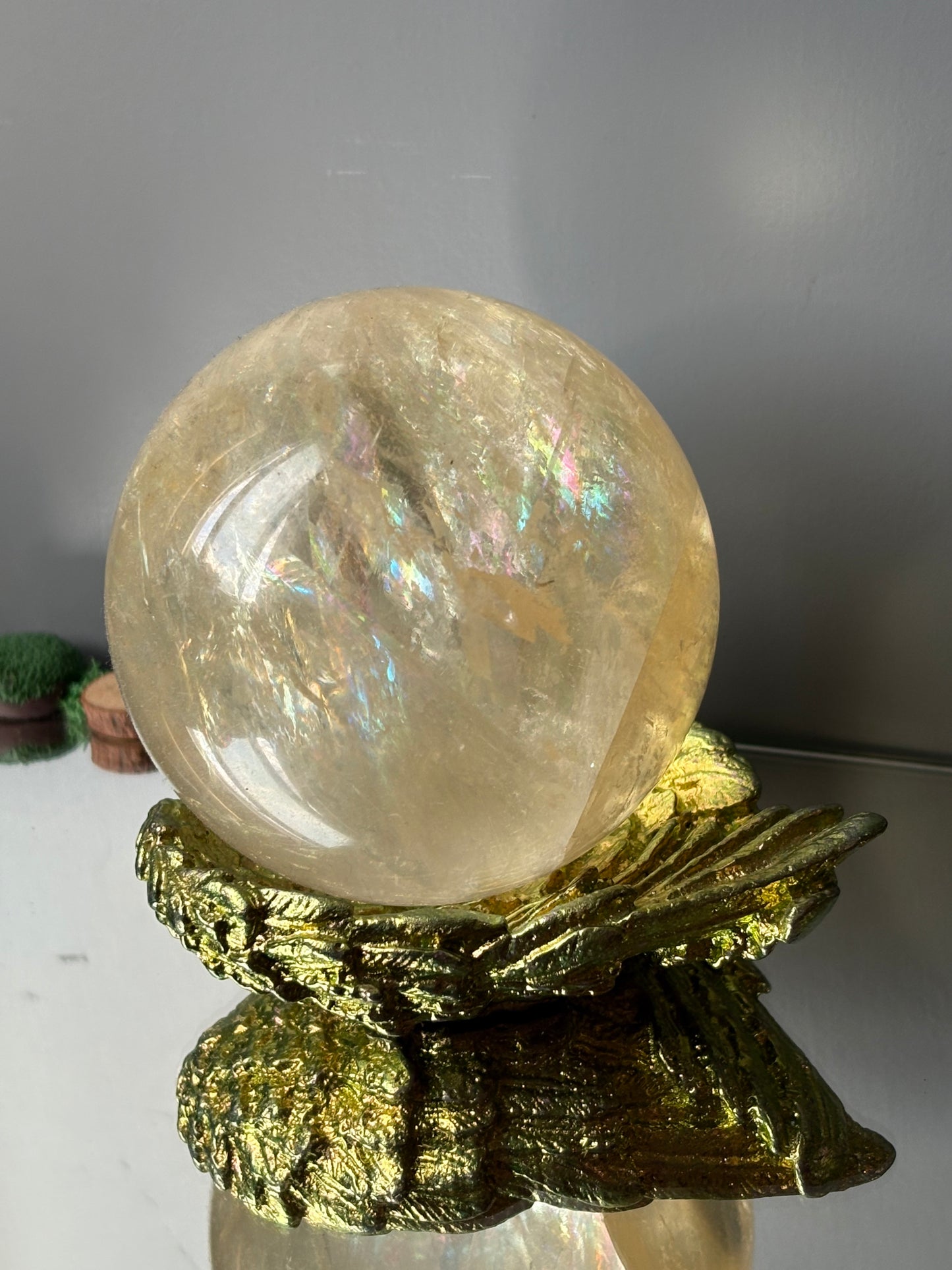 Green Gold Bismuth Crystal Angel Wing Dish / Sphere Holder Metal Art Sculpture