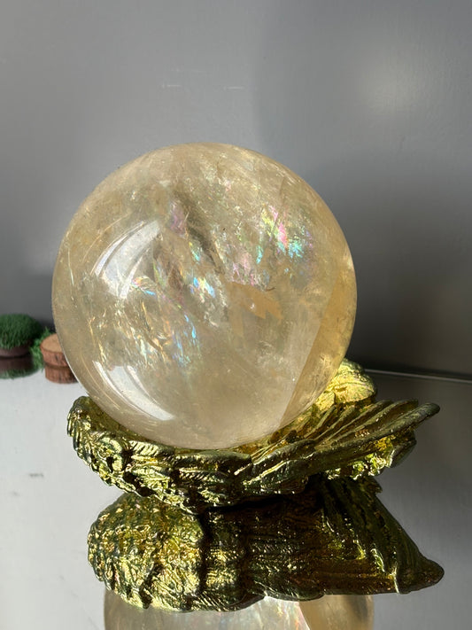 Green Gold Bismuth Crystal Angel Wing Dish / Sphere Holder Metal Art Sculpture
