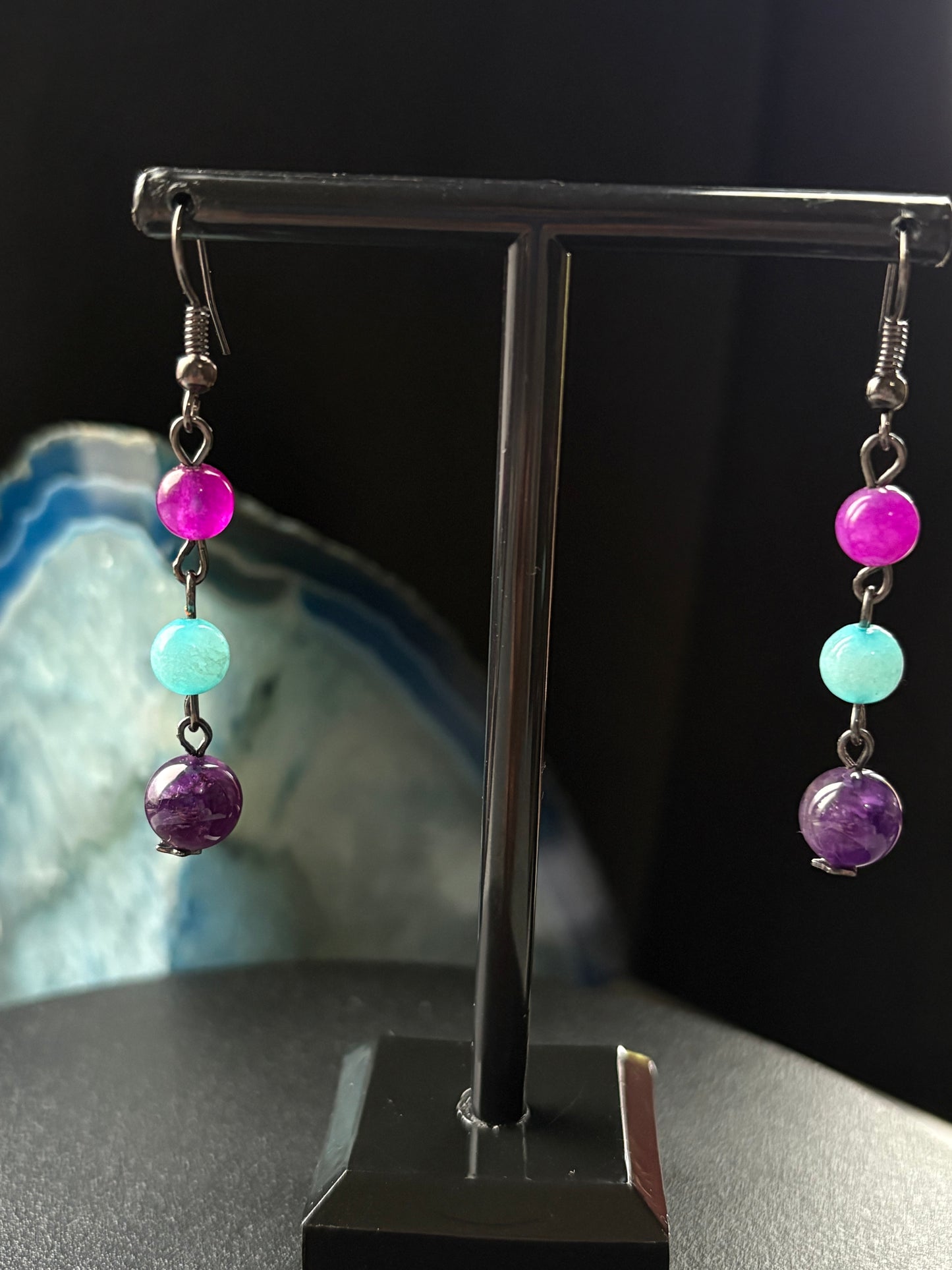 Purple Blue Quartz & Amethyst Crystal Gemstone Beaded Drop Earrings