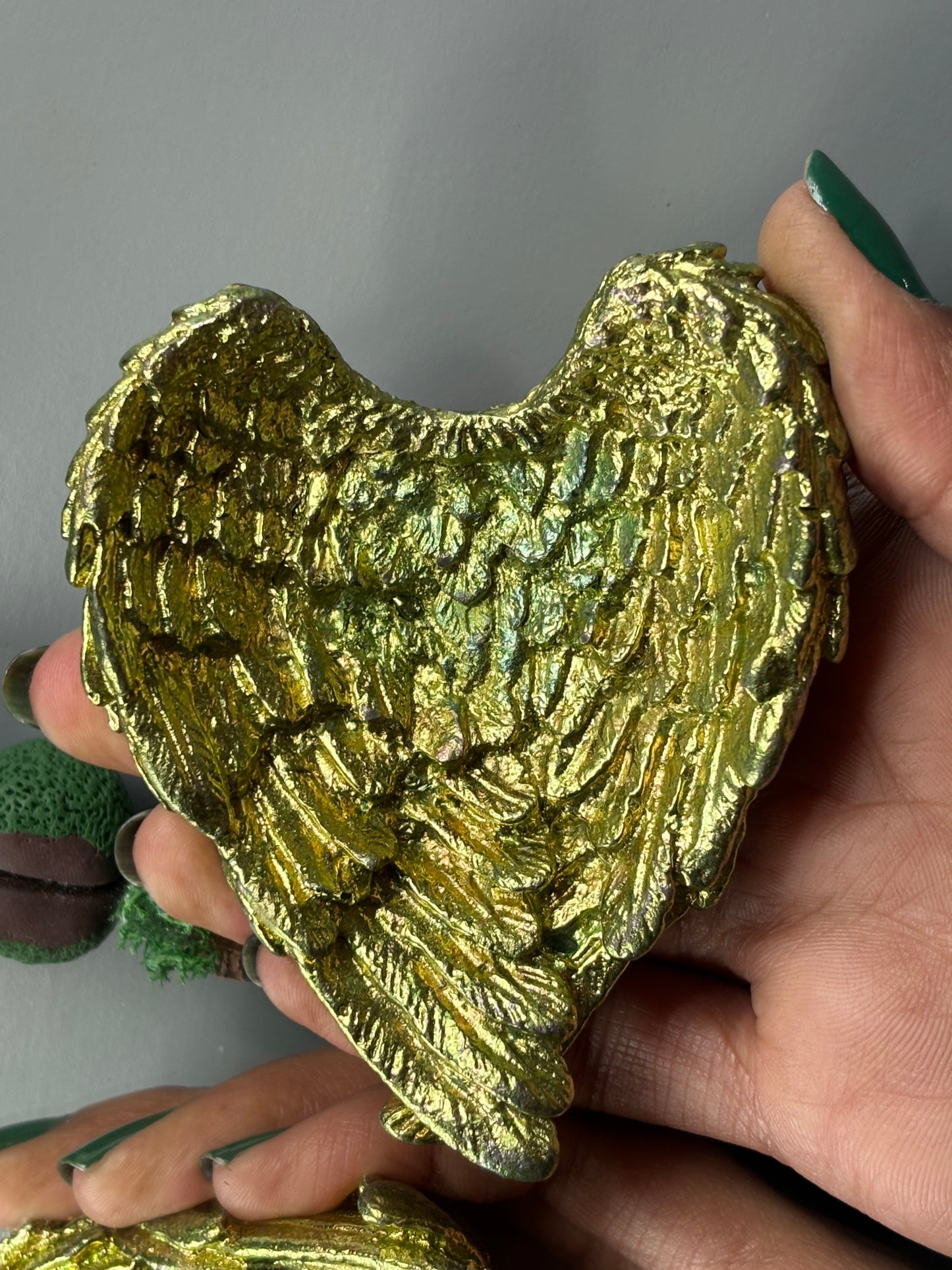 Green Gold Bismuth Crystal Angel Wing Dish / Sphere Holder Metal Art Sculpture