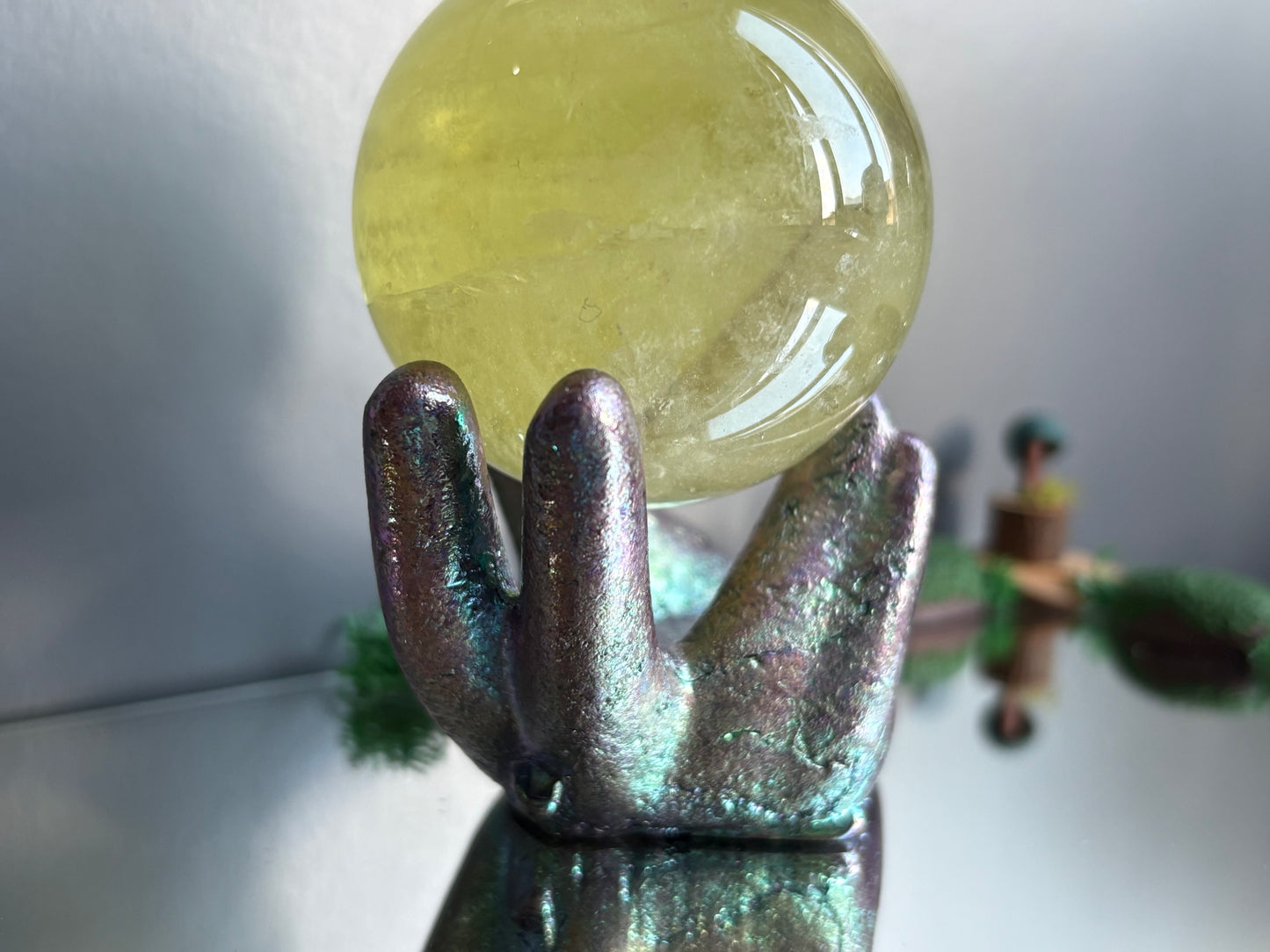 Purple Blue Bismuth Crystal Hand Sphere Holder - Metal Art Sculpture