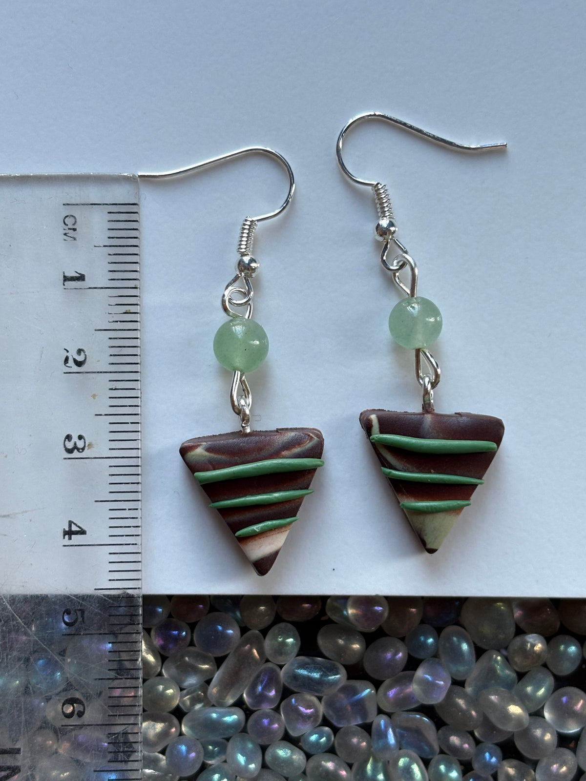 Chocolate Candy Triangle Clay & Green Aventurine Crystal Gemstone Silver Earrings