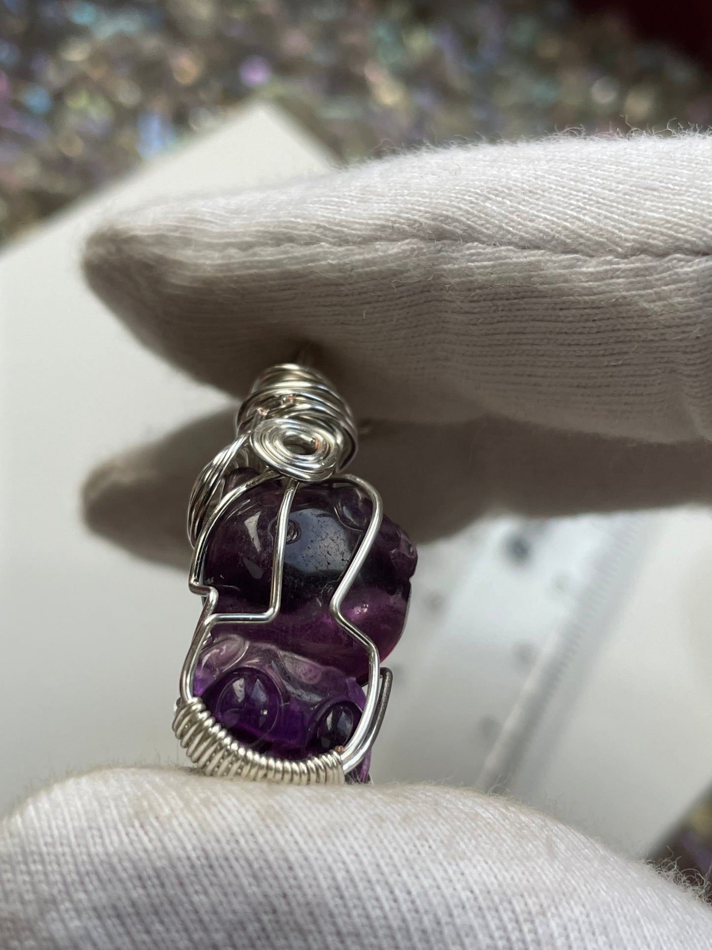 Fluorite Crystal Gemstone Hello Kitty Carving Silver Wire Wrap Necklace
