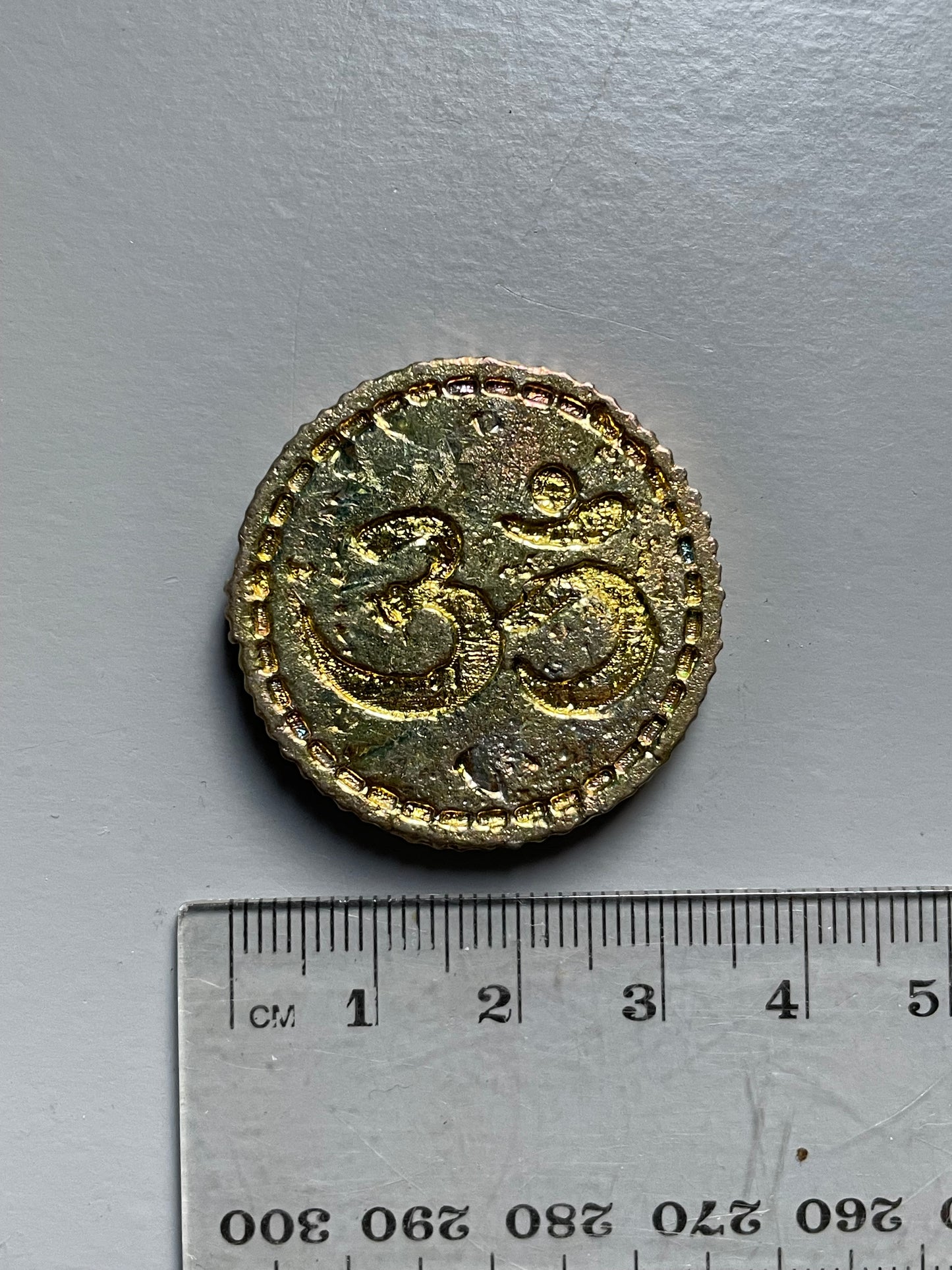 Gold Bismuth Crystal Om Coin Metal Art Sculpture