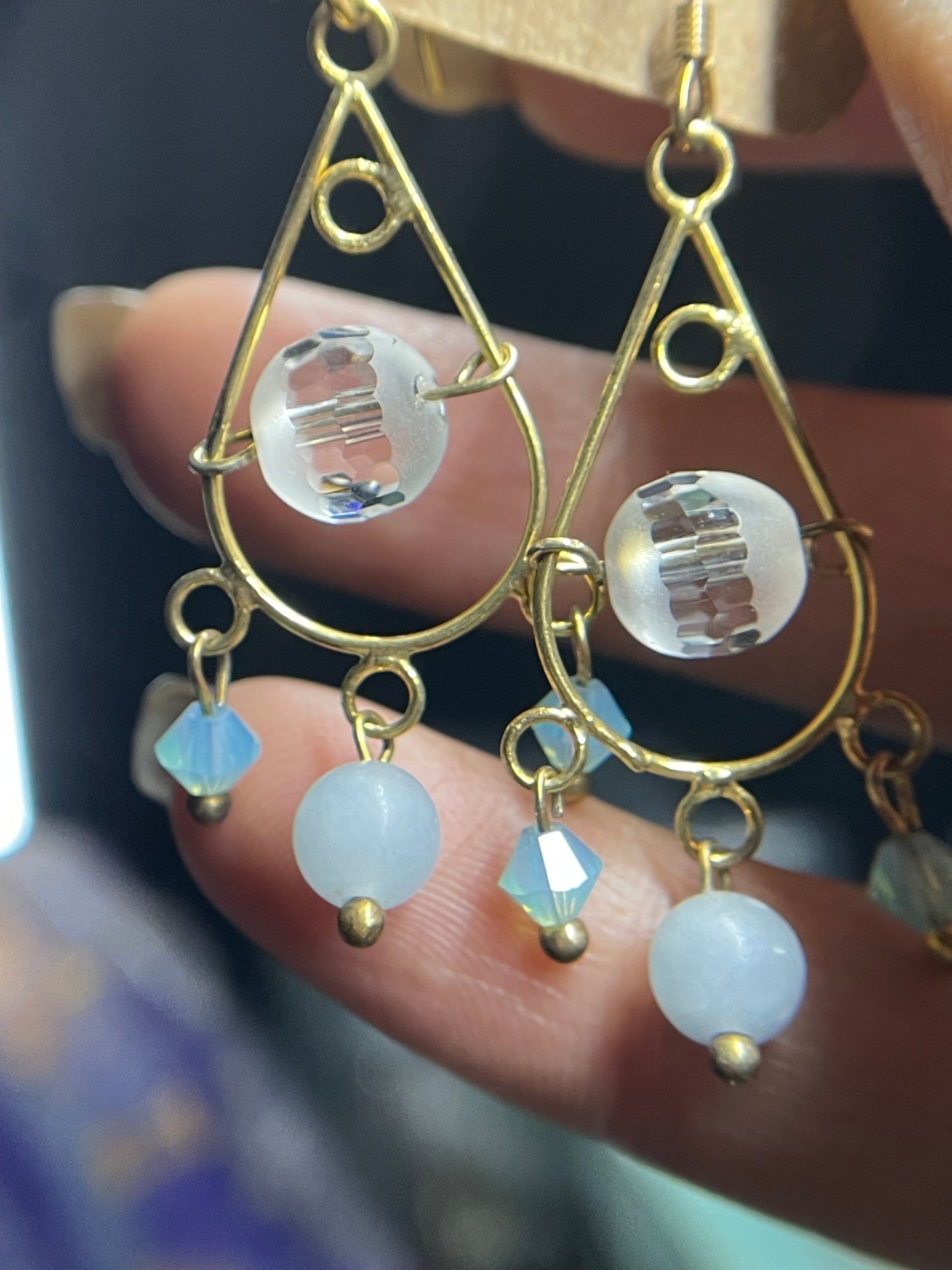 Angelite & Quartz crystal gemstone Swarovski gold chandelier 925 earrings