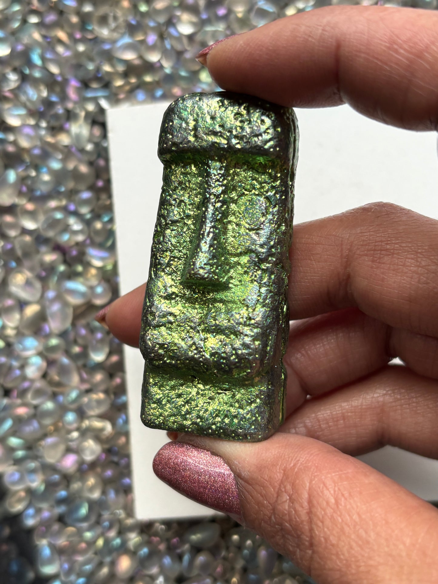 Green Bismuth Crystal Moai Head Easter Island Metal Art Sculpture