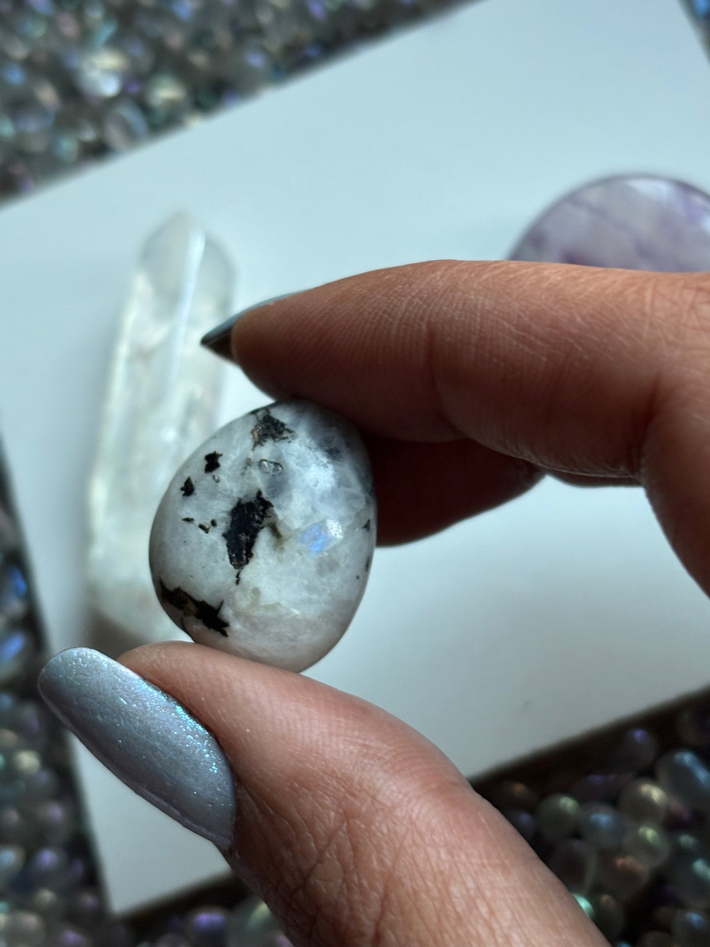 Fluorite Moon Aura Quartz & Rainbow Moonstone Crystal Gemstone Gift Pack - Moon Child (A)