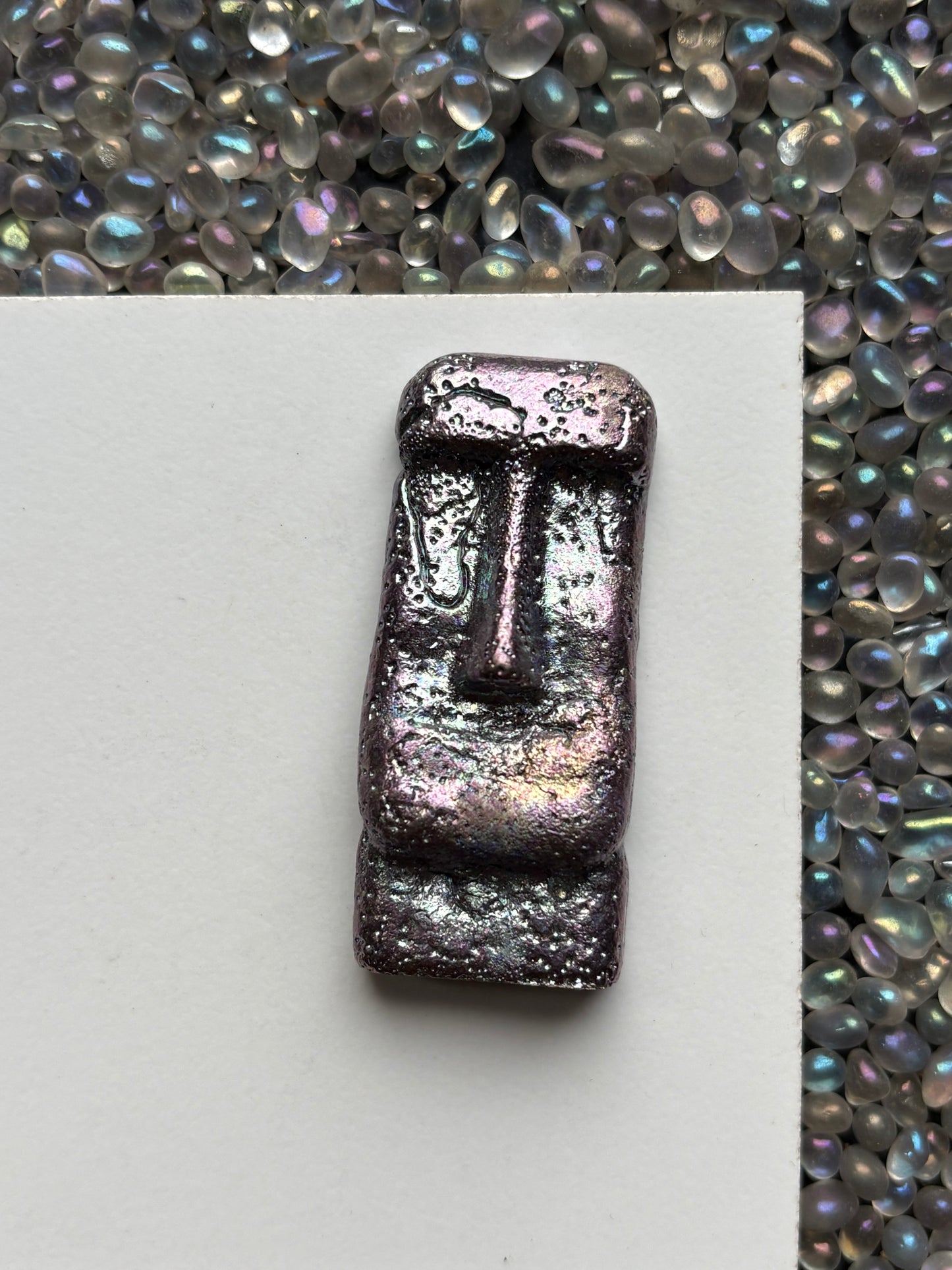 Purple Bismuth Crystal Moai Head Easter Island Metal Art Sculpture