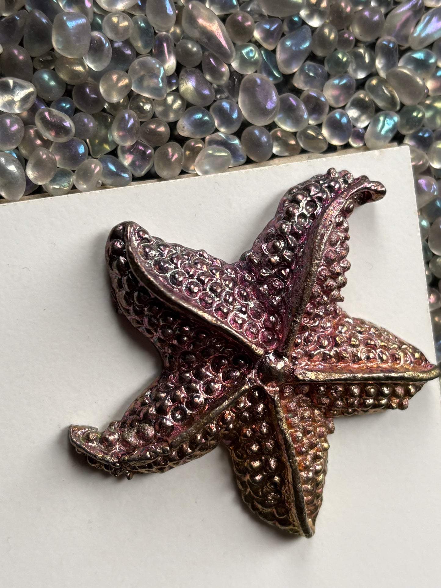 Peach Pink Bismuth Crystal Large Starfish Metal Art Sculpture
