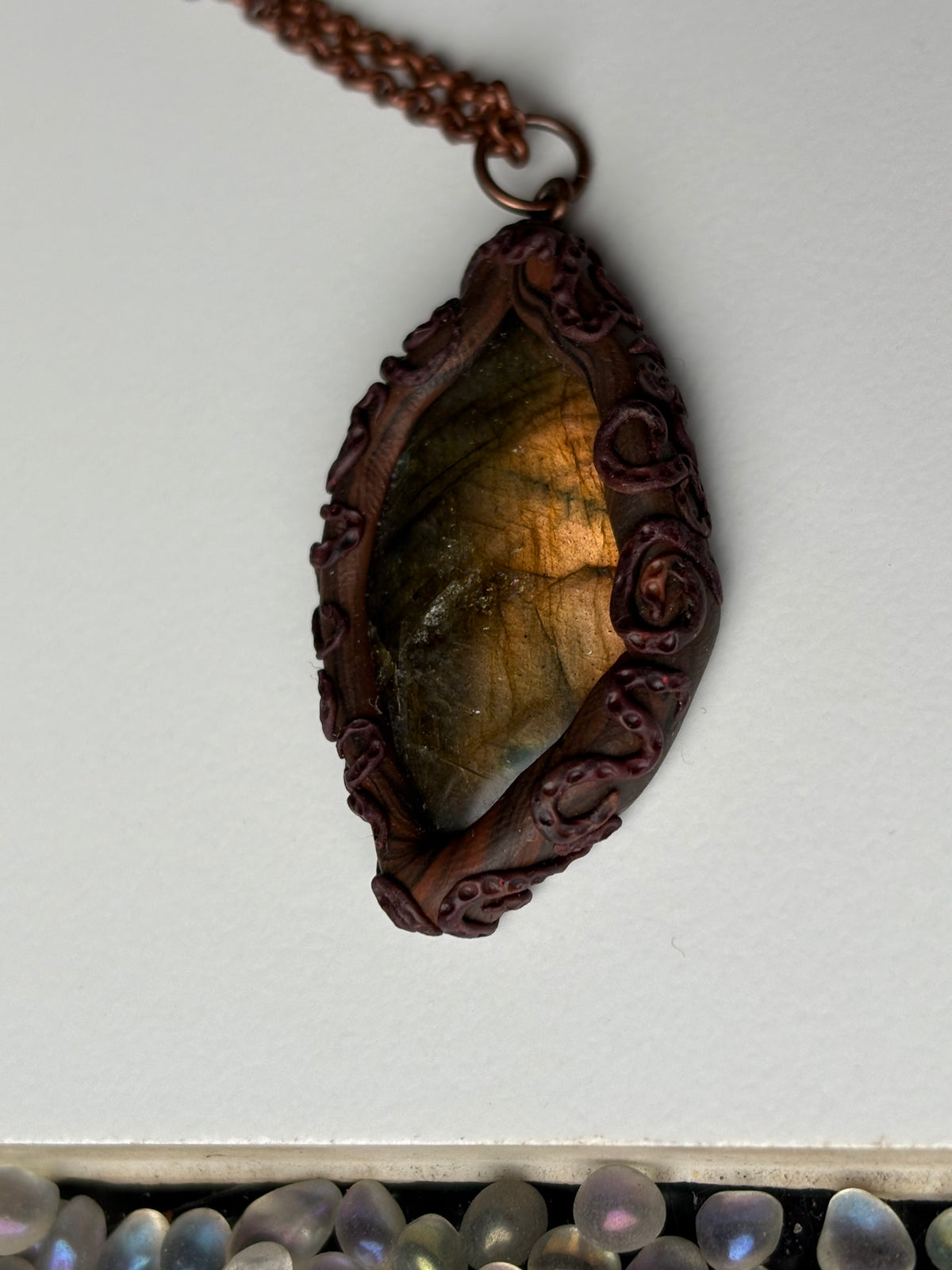 Purple Gold Labradorite Crystal Gemstone Clay Pendant Copper Necklace