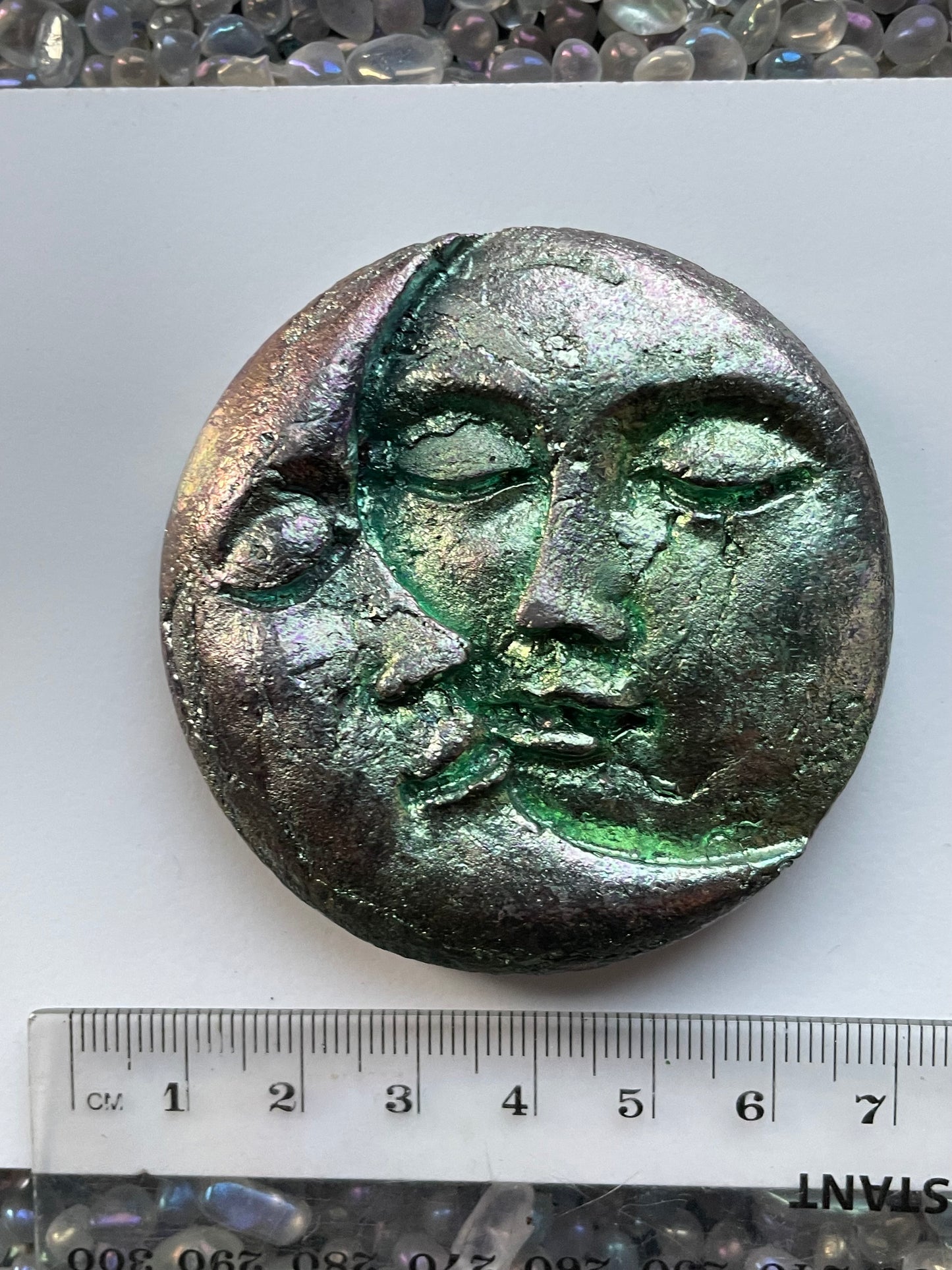 Teal Bismuth Crystal Sun Moon Metal Art Sculpture