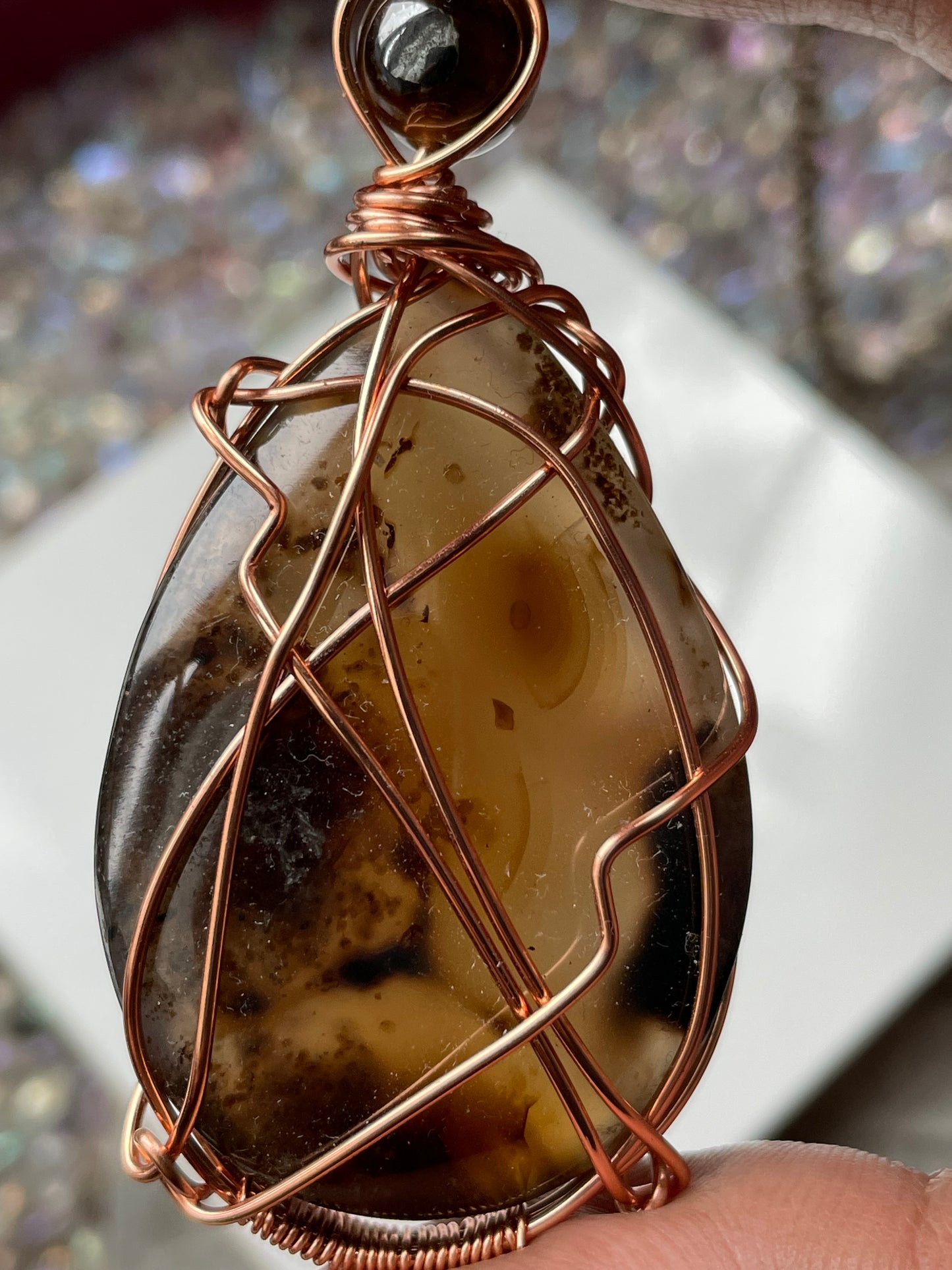 Dendritic Agate & Tigers Eye Crystal Gemstone Wire Wrapped Necklace