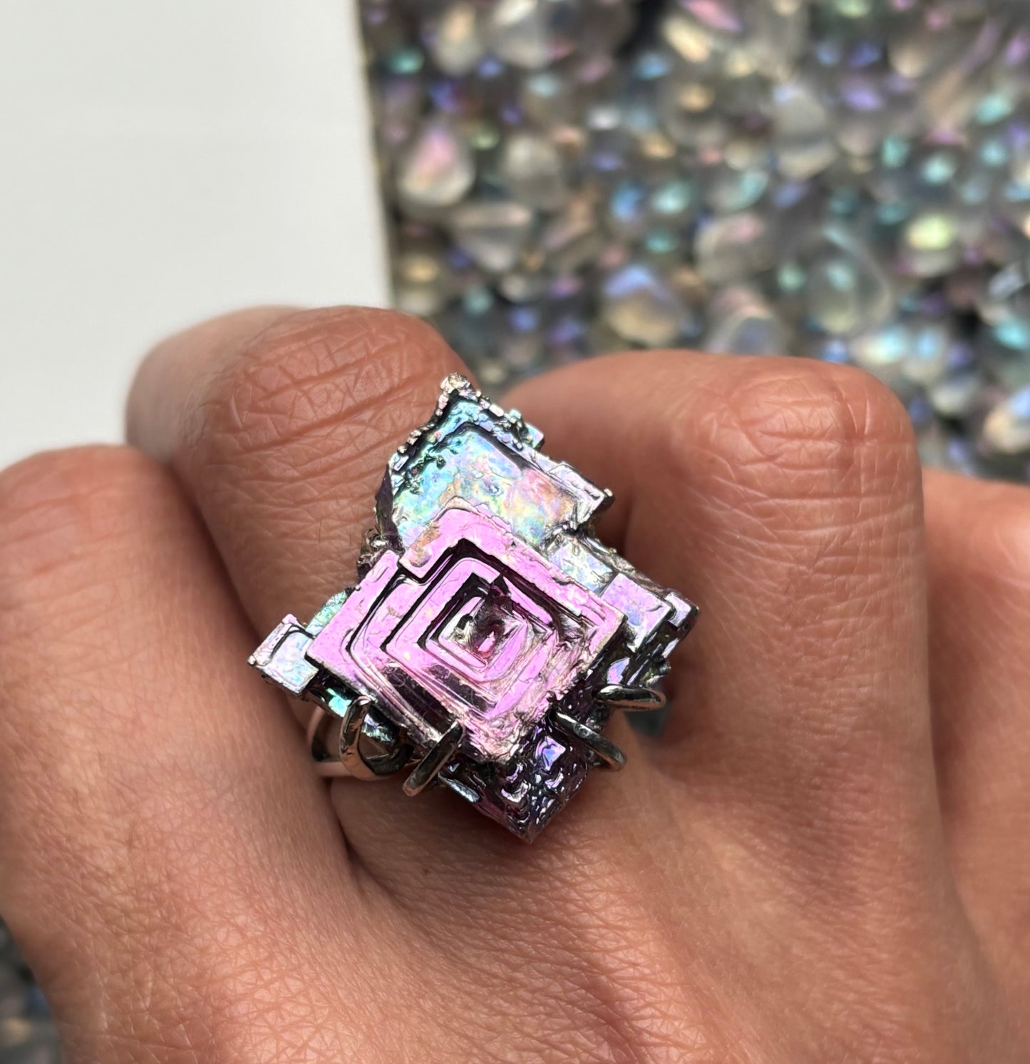 Bismuth Rose Crystal Metal Art Silver Ring