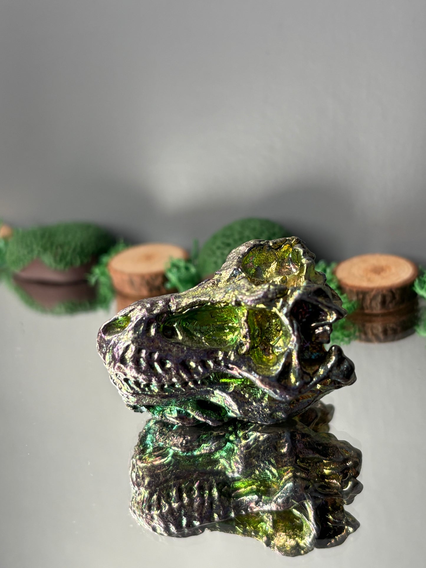 Teal Green Bismuth Crystal Small Trex Skull Metal Art Sculpture