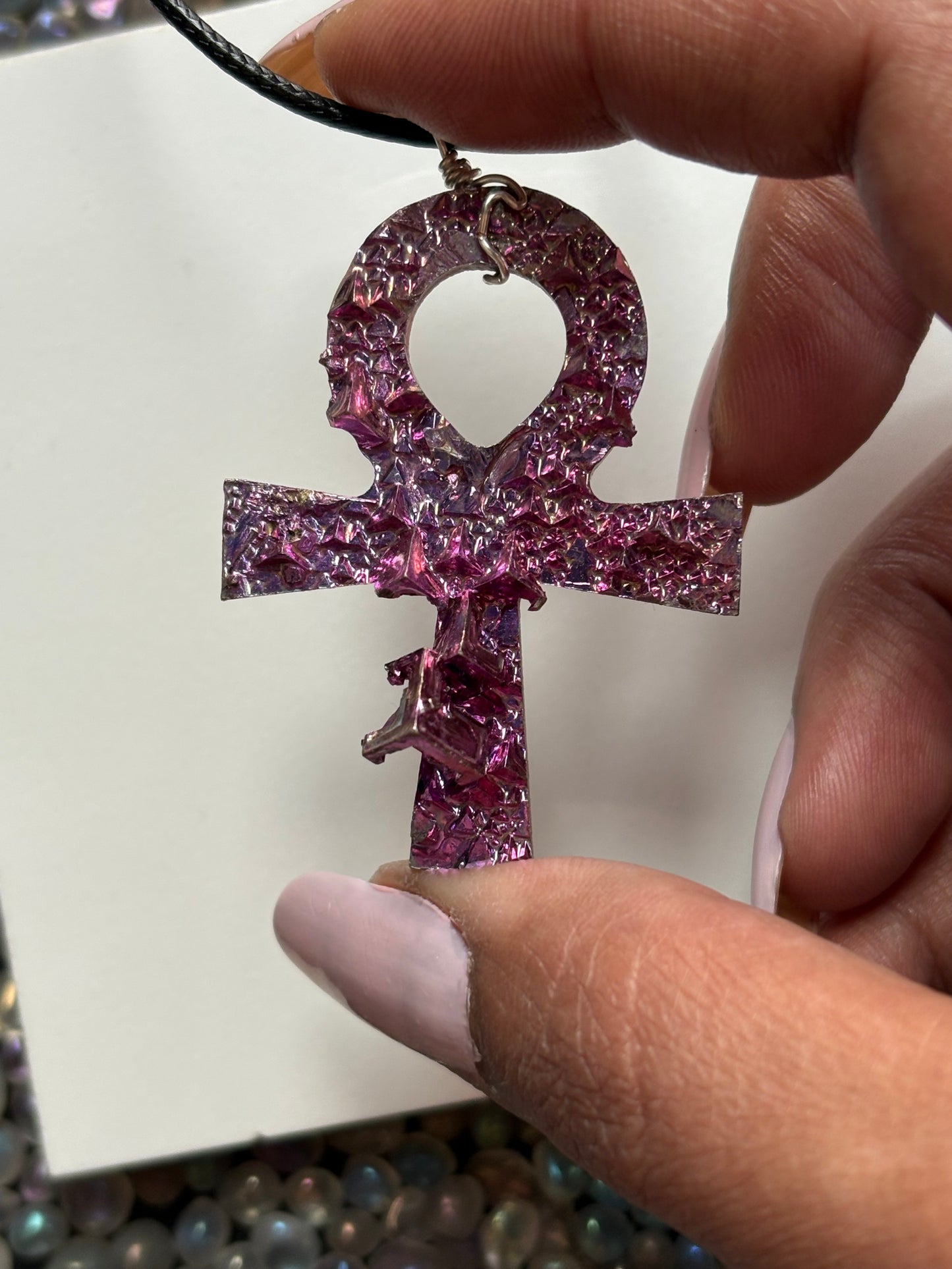 Pink Bismuth Ankh Crystal Cut Out Metal Art Necklace