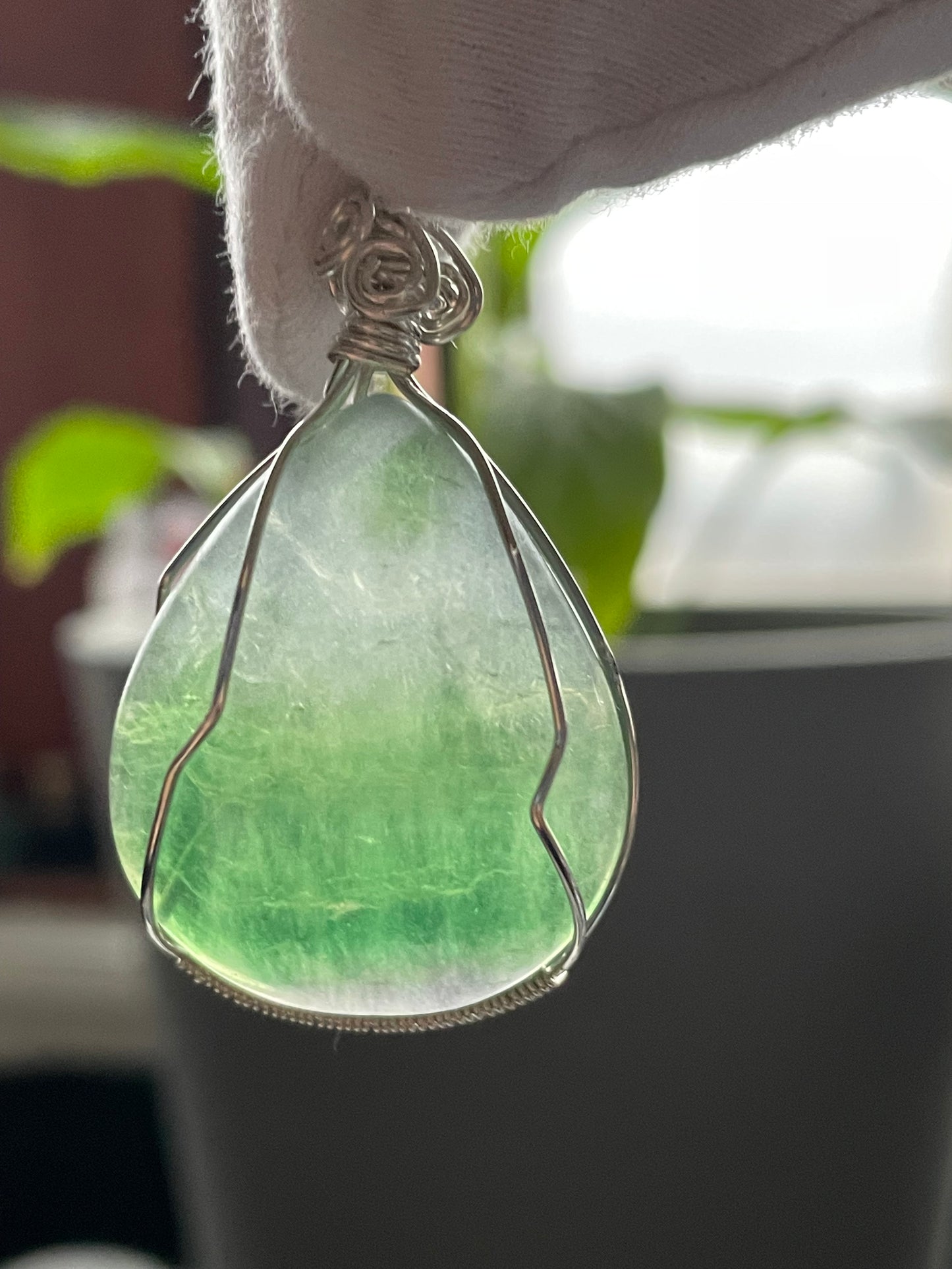 Green Fluorite Crystal Gemstone Wire Wrap Silver Necklace