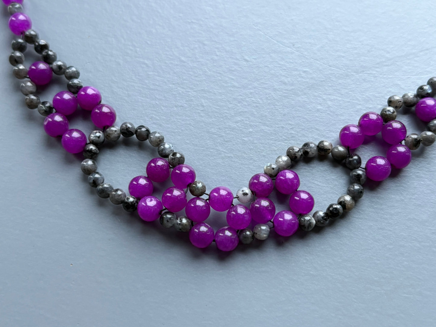 Purple Quartz & Larvikite (black moonstone) Gemstone Beaded Collar Necklace