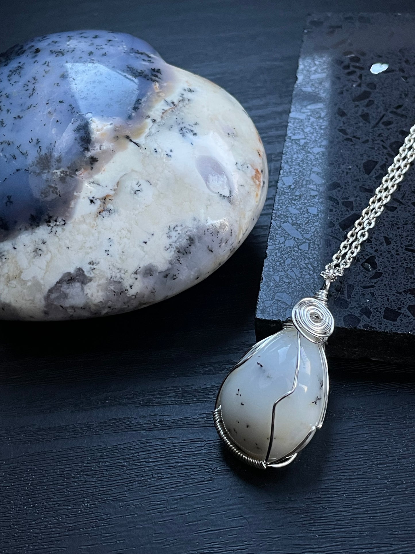 Dendritic Opal Agate Crystal Gemstone Wire Wrapped Necklace (2)