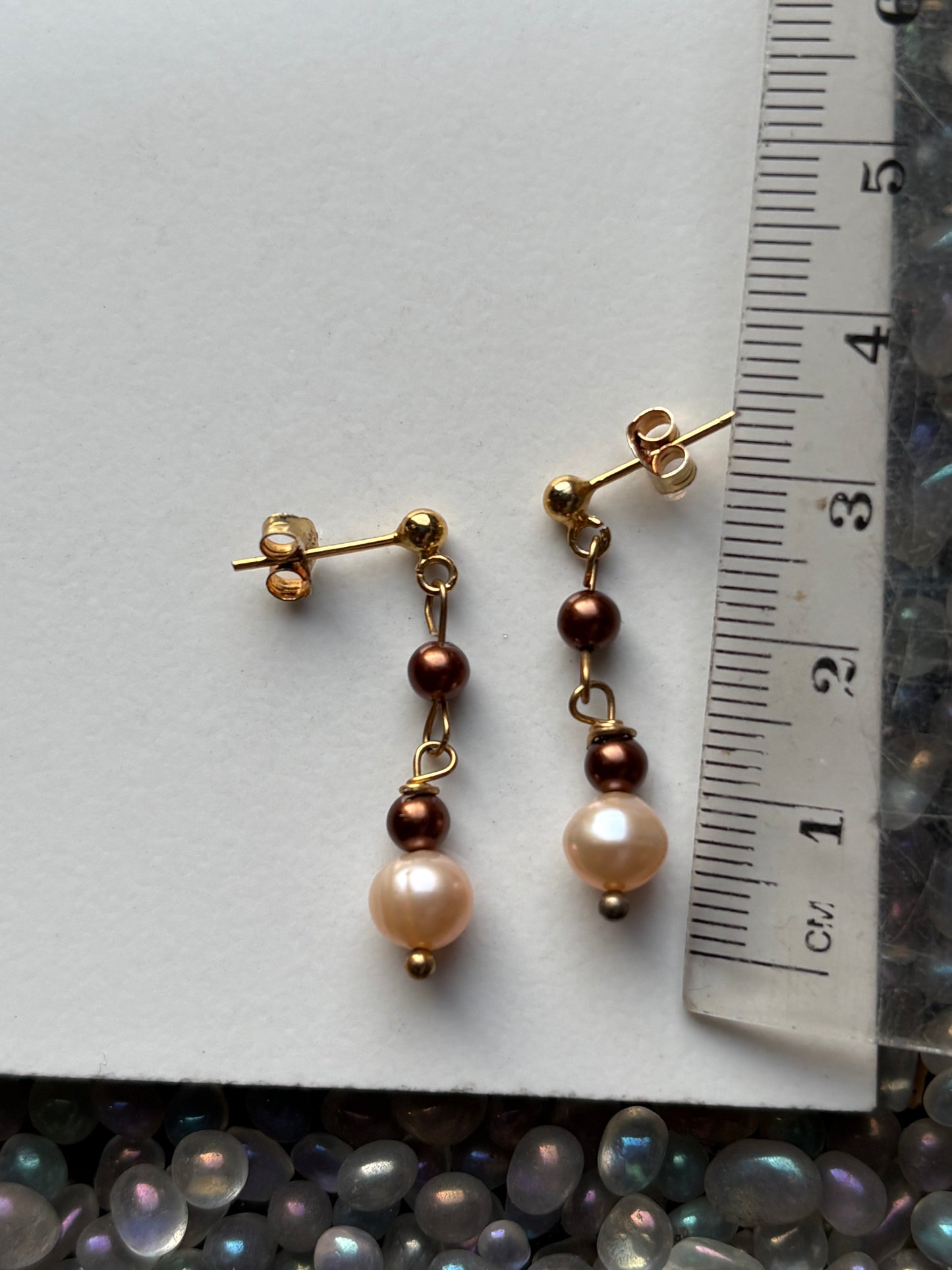 Chocolate & Peach Pearl Crystal Gemstone 18k Gold Sterling Silver Earrings (Certified)