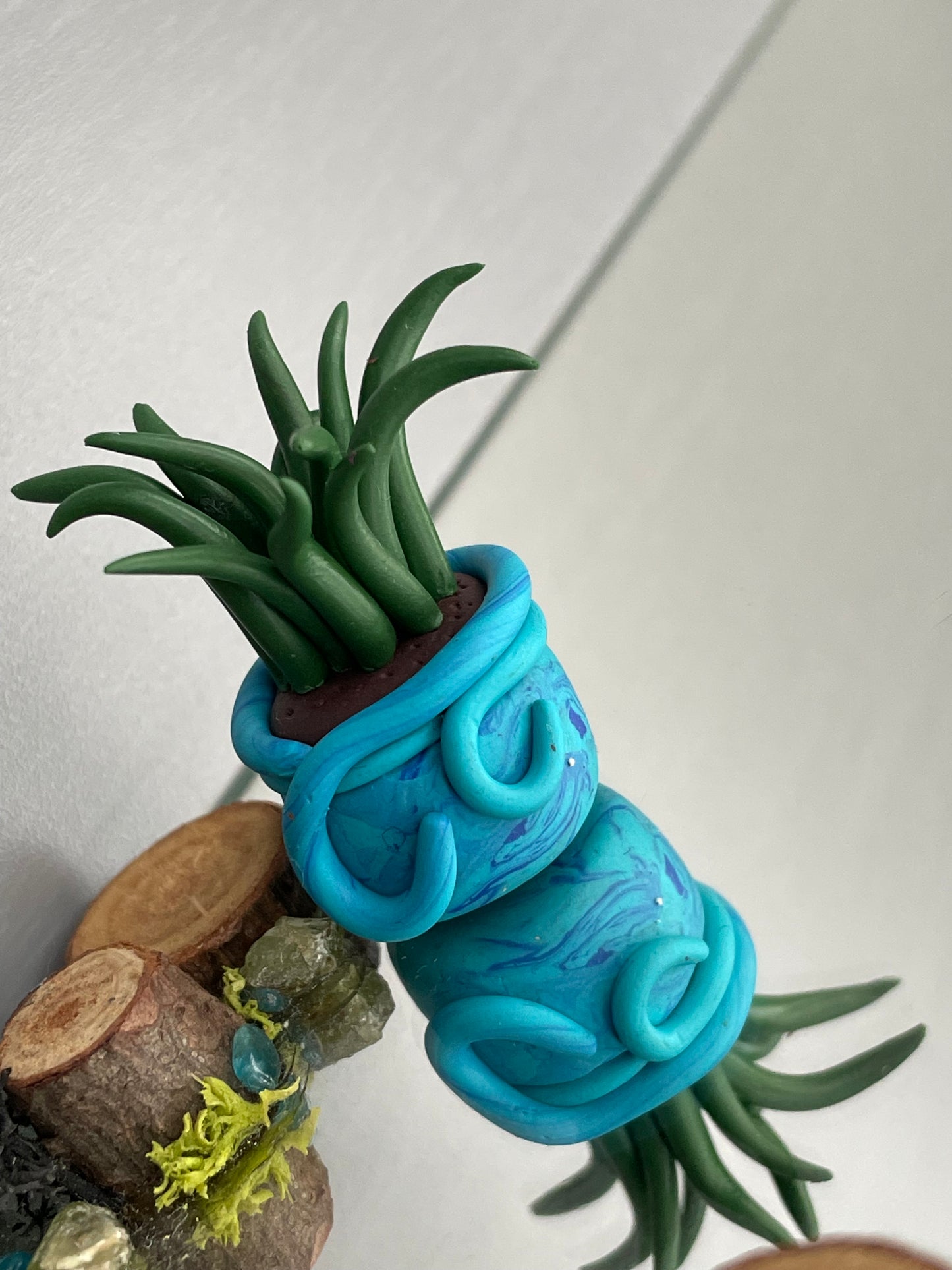 Grassy Potted Plant Clay Sphere Mini Holder - Blue (2)