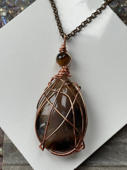 Dendritic Agate & Tigers Eye Crystal Gemstone Wire Wrapped Necklace