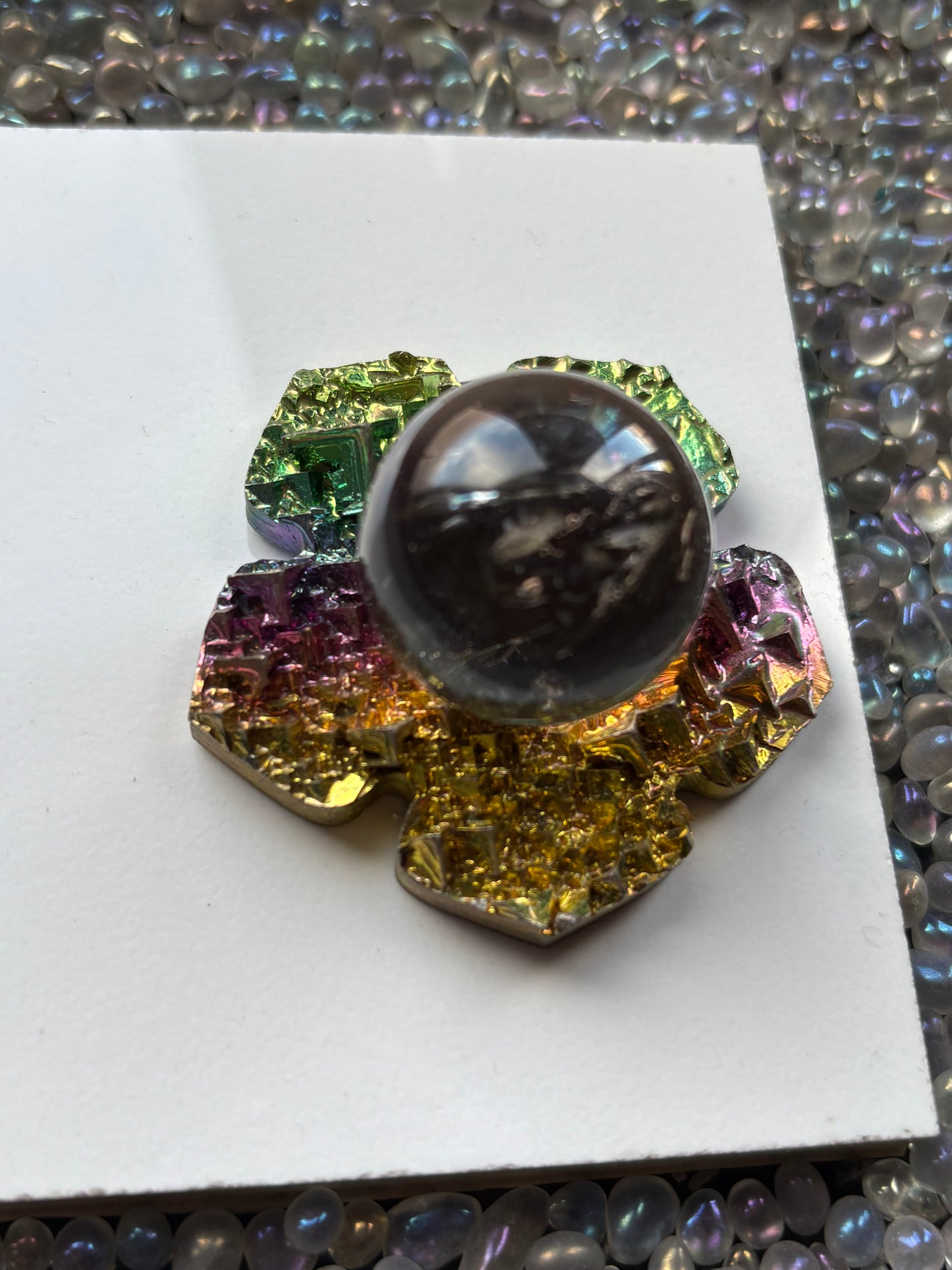 Rainbow Bismuth Crystal Hippie Flower Slice Cut Out Sphere Holder