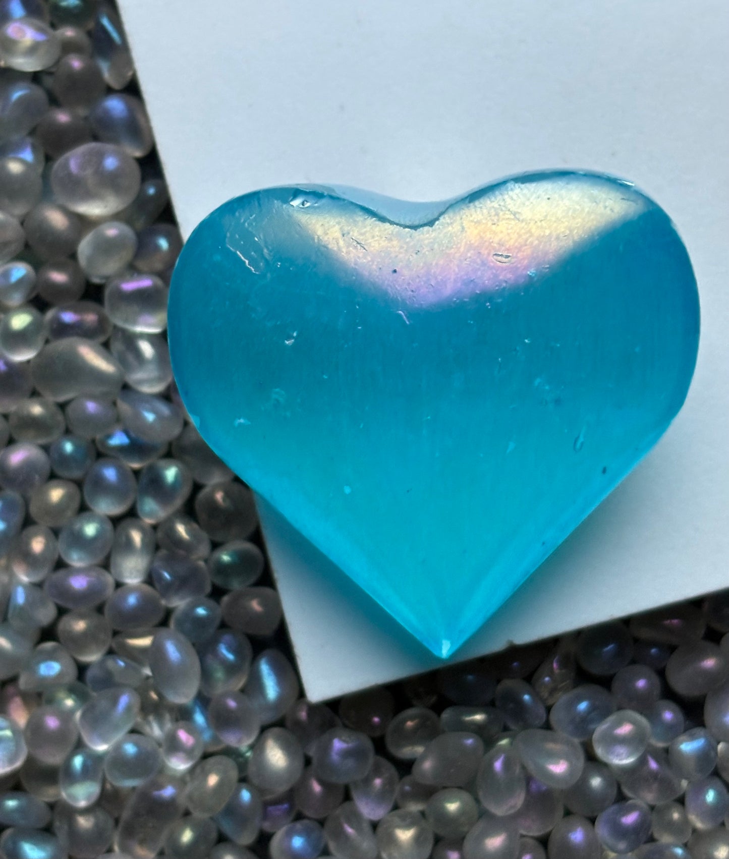 Aqua Blue Aura Coated Selenite Satin Spar Crystal Gemstone Heart Carving