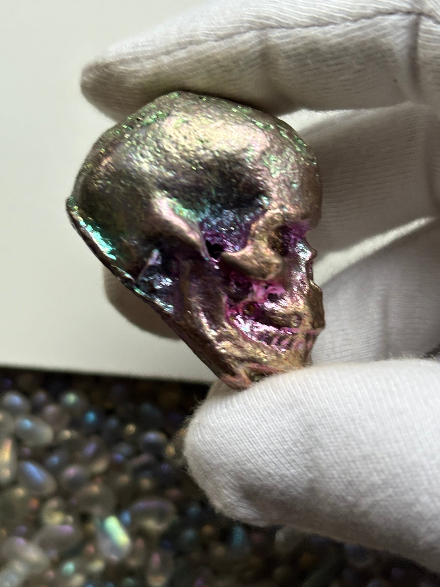 Blue Pink Bismuth Crystal Small Skull Metal Sculpture