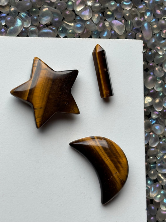 Brown Tigers Eye Gemstone Crystal Set - Mini Point Star & Moon