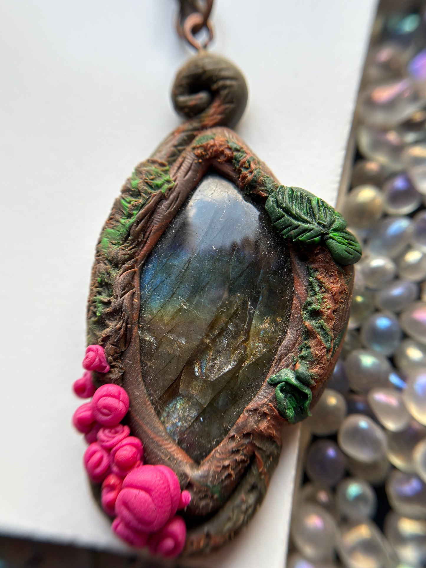 Labradorite Crystal Gemstone Enchanted Rose Clay Pendant Necklace