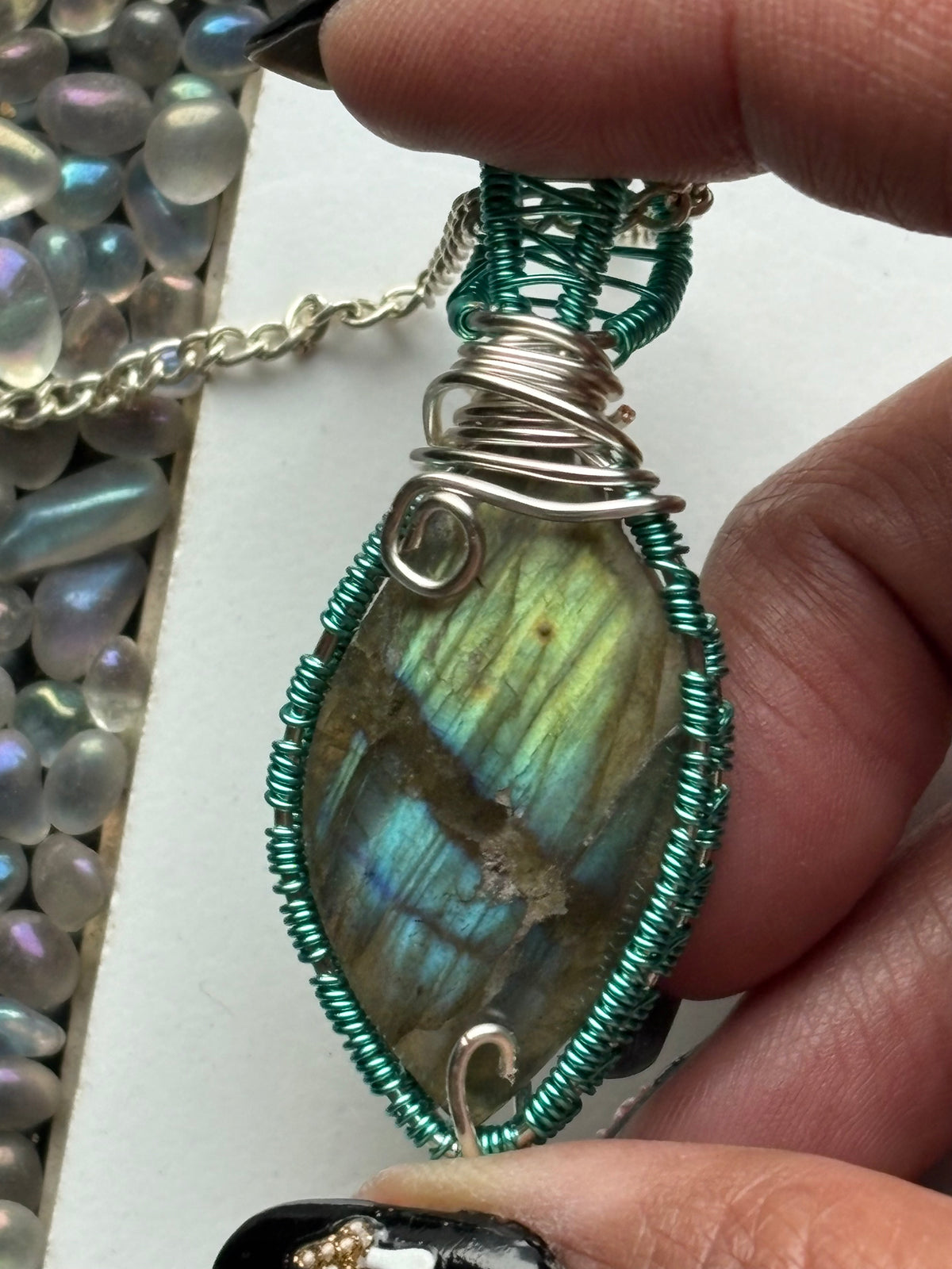 Blue Gold Labradorite Crystal Gemstone Turquoise Wire Necklace