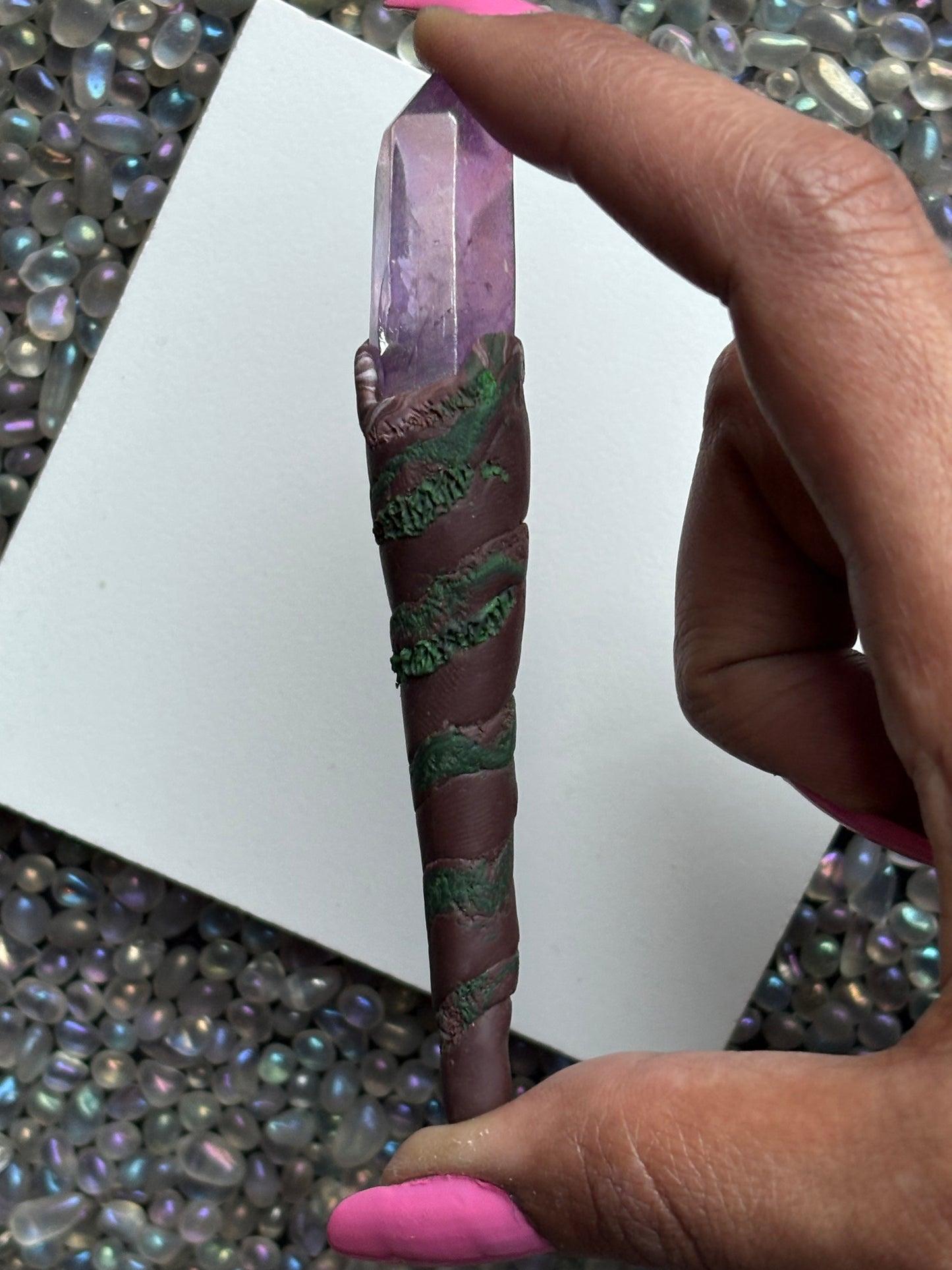 Purple Aura Quartz Crystal Gemstone Enchanted Forest Clay Wand