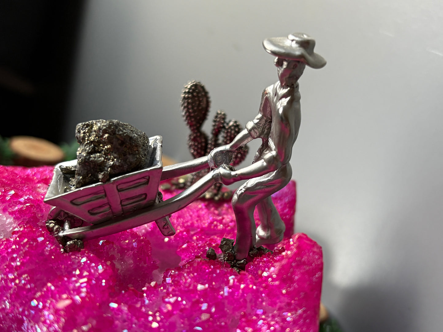 Hot Pink Aura Quartz & Pyrite Crystal Gemstone Miner Cluster - Large