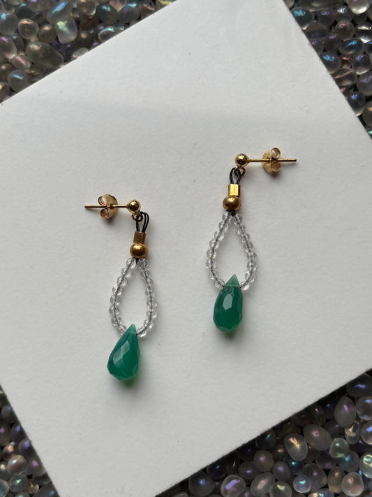 Green Onyx Briolette & Quartz Crystal Gemstone Gold Sterling Silver Earrings (Certified)