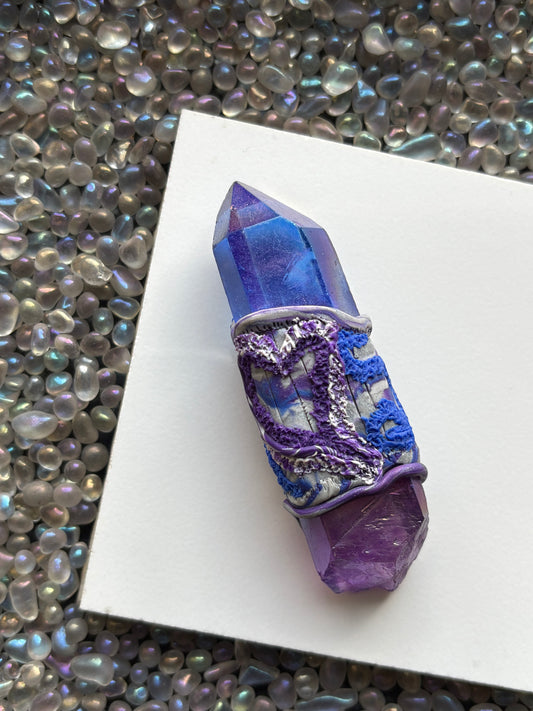 Purple & Blue Aura Quartz Crystal Gemstone Heart Swirl Clay Wand