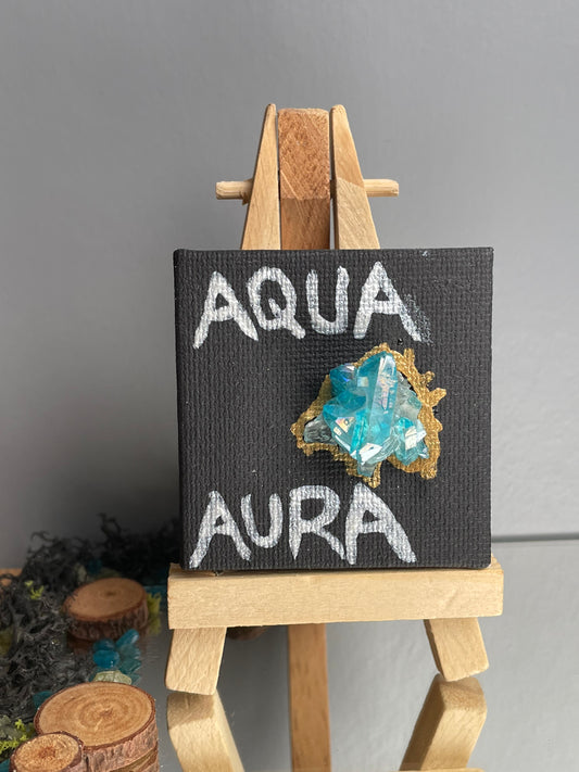 Aqua Aura Quartz Cluster Gemstone Crystal Mini Canvas Easel Art