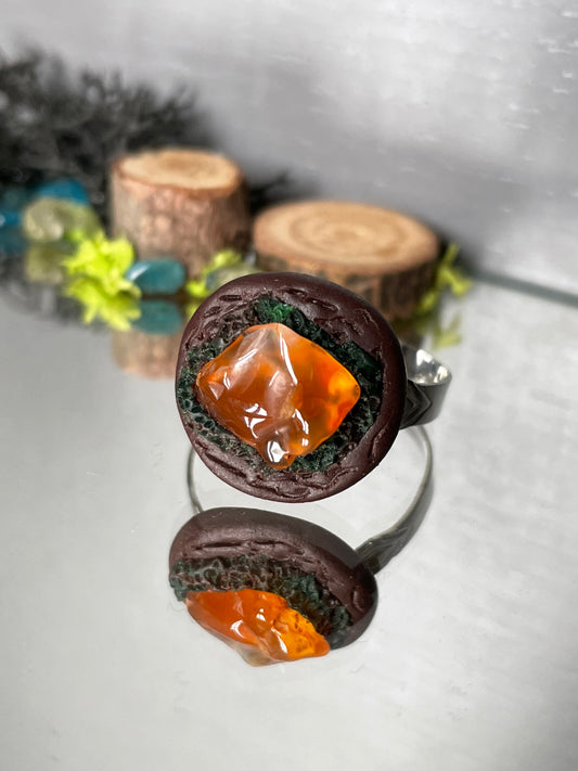Carnelian Crystal Gemstone Enchanted Forest Adjustable Ring - Silver