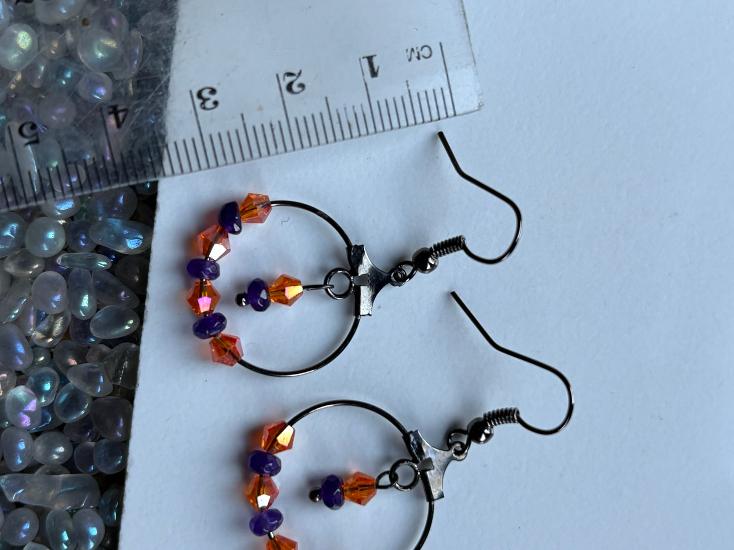 Purple Quartzite Gemstone & Orange Swarovski Crystal Hoop Black Earrings