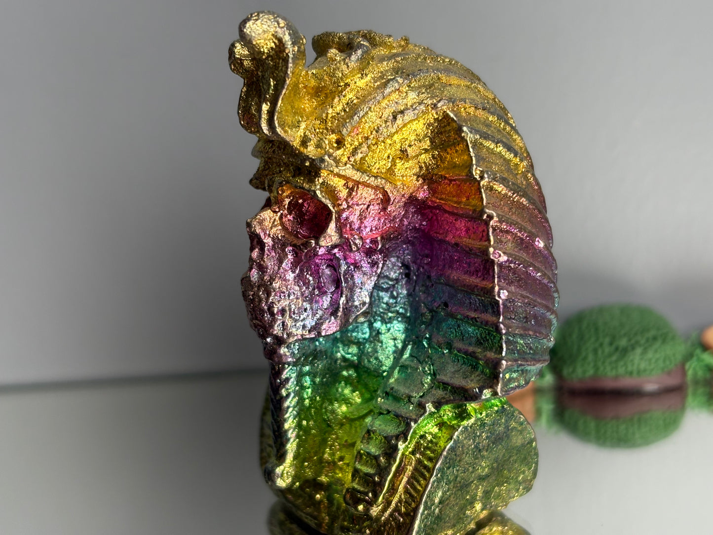 Rainbow Bismuth Crystal King Tutankhamen Skull Metal Art Sculpture