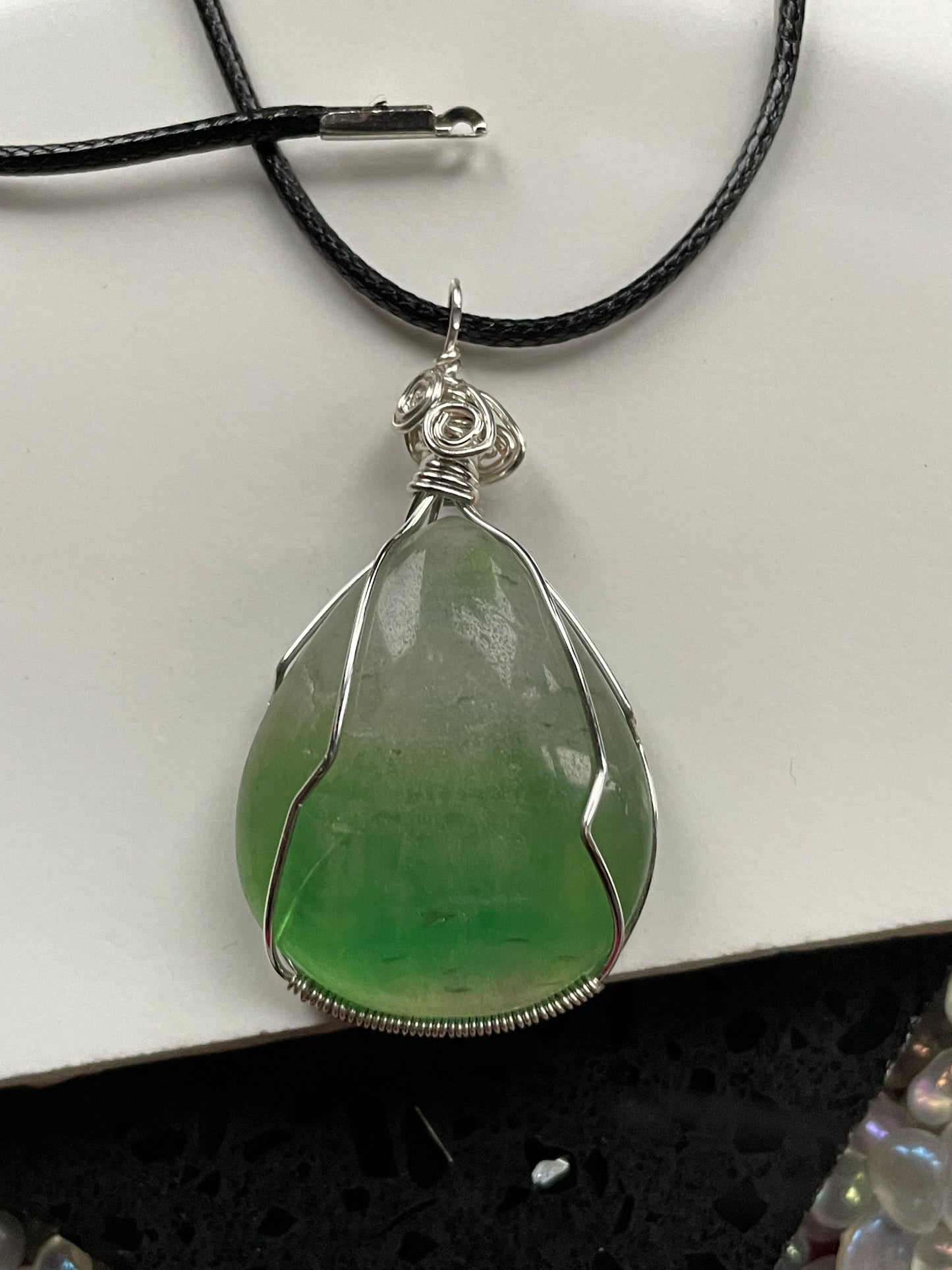 Green Fluorite Crystal Gemstone Wire Wrap Silver Necklace