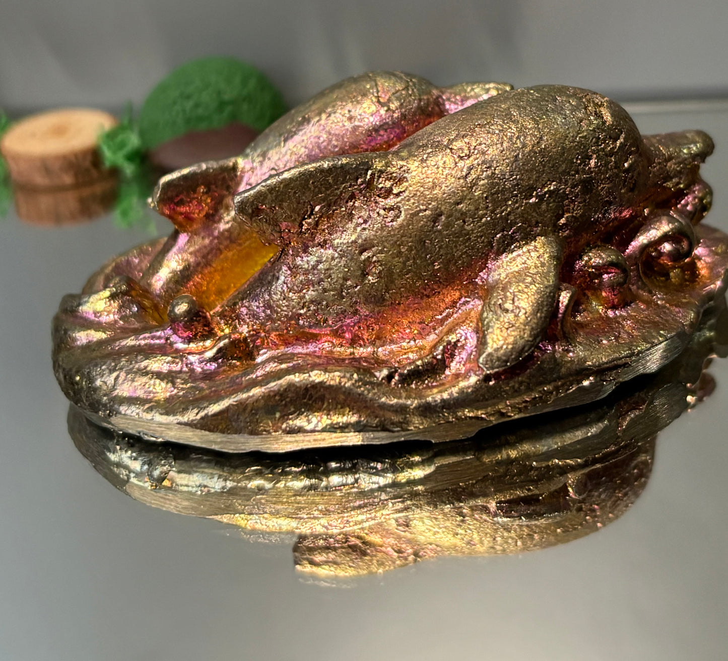Gold Pink Bismuth Crystal Dolphin Pair Metal Art Sculpture