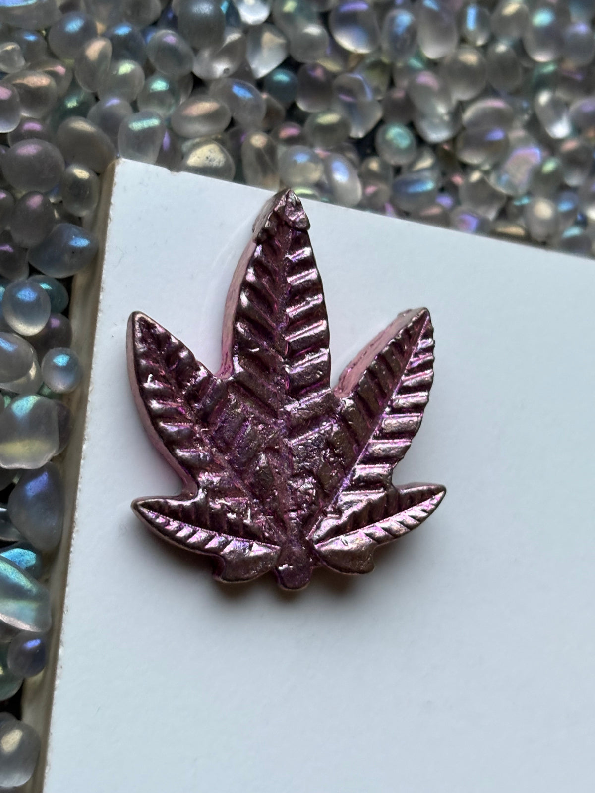 Pink Bismuth Crystal Pot Leaf Metal Art Sculpture
