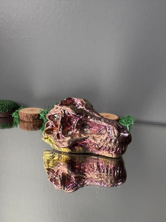 Pink Gold Bismuth Crystal Small Trex Skull Metal Art Sculpture