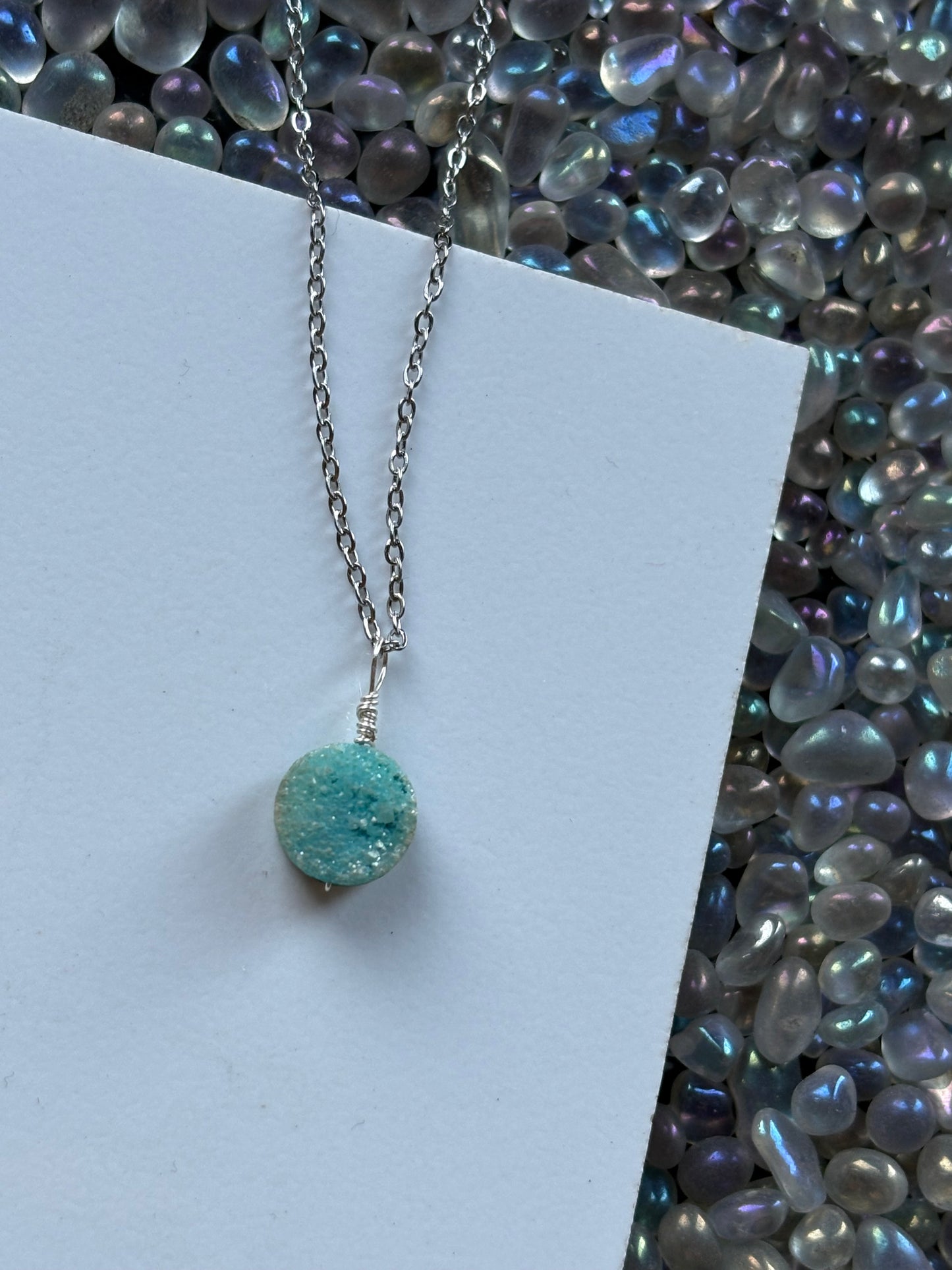 Turquoise Druzy Quartz Coin crystal gemstone silver Necklace